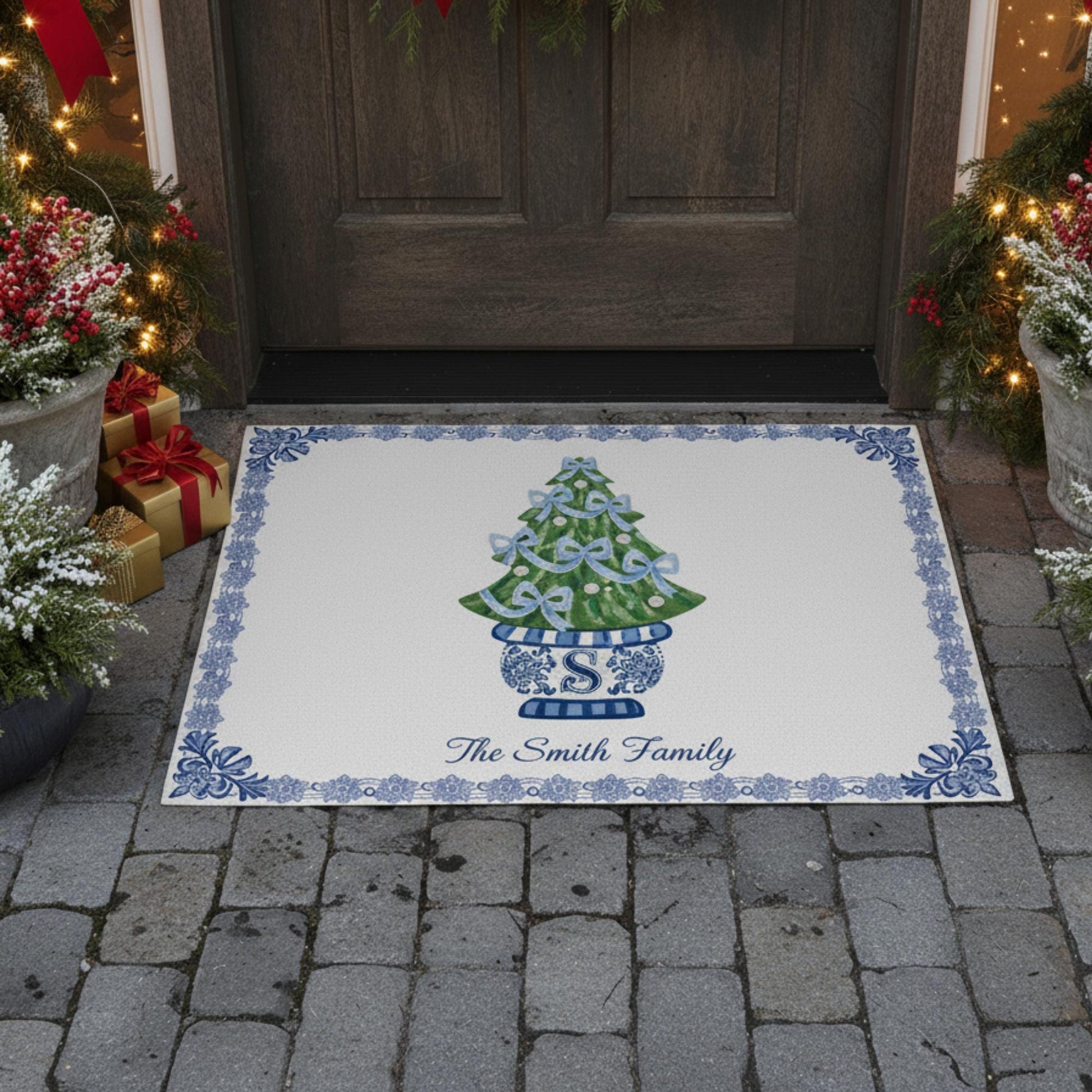 Custom Chinoiserie Christmas Doormat – Personalized Blue and White Holiday Entryway Rug image 3