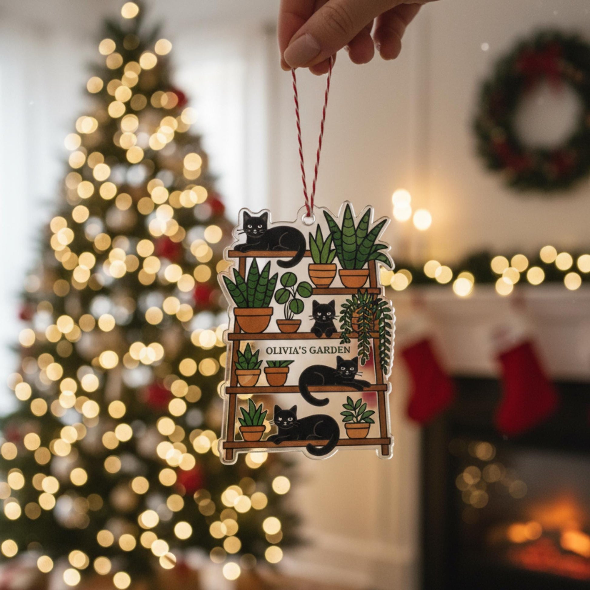 Custom Cat and Plant Ornament – Personalized Black Cat Houseplant Acrylic Christmas Decor image 1