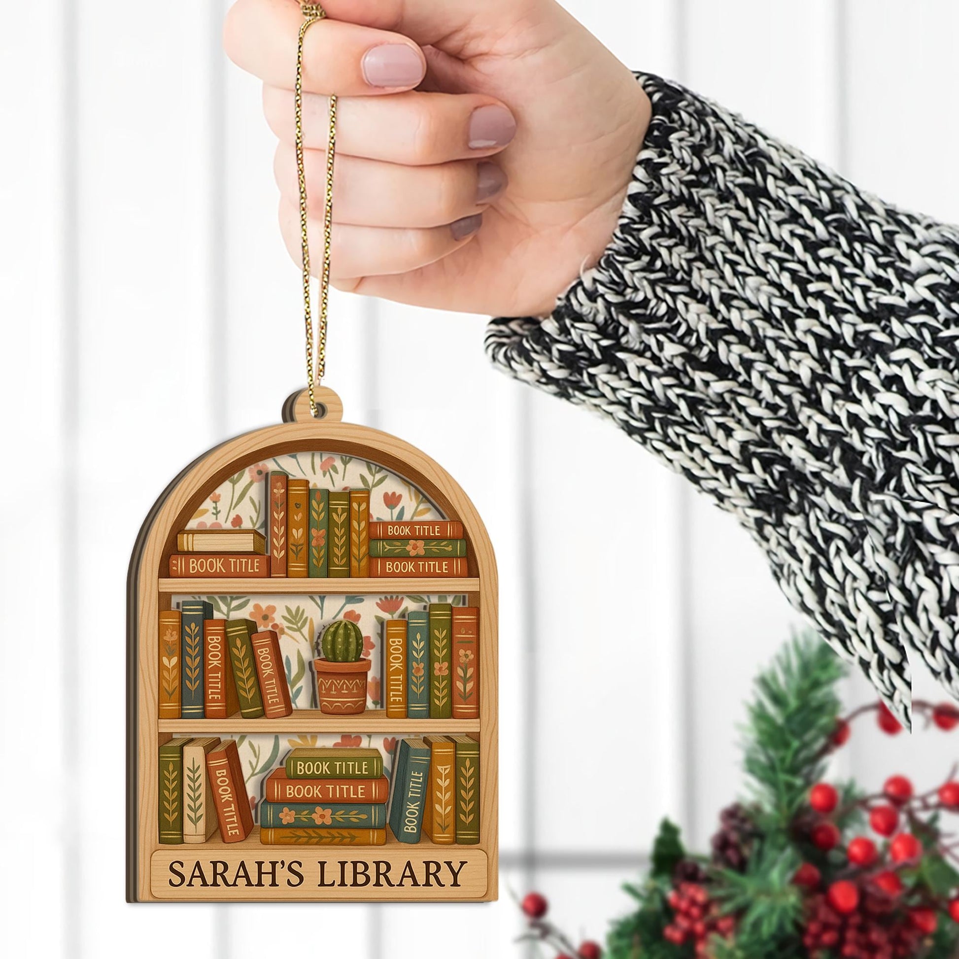 Custom Bookish Christmas Ornament: Wood Two Layer Bookshelf Reading Nook Decor image 3