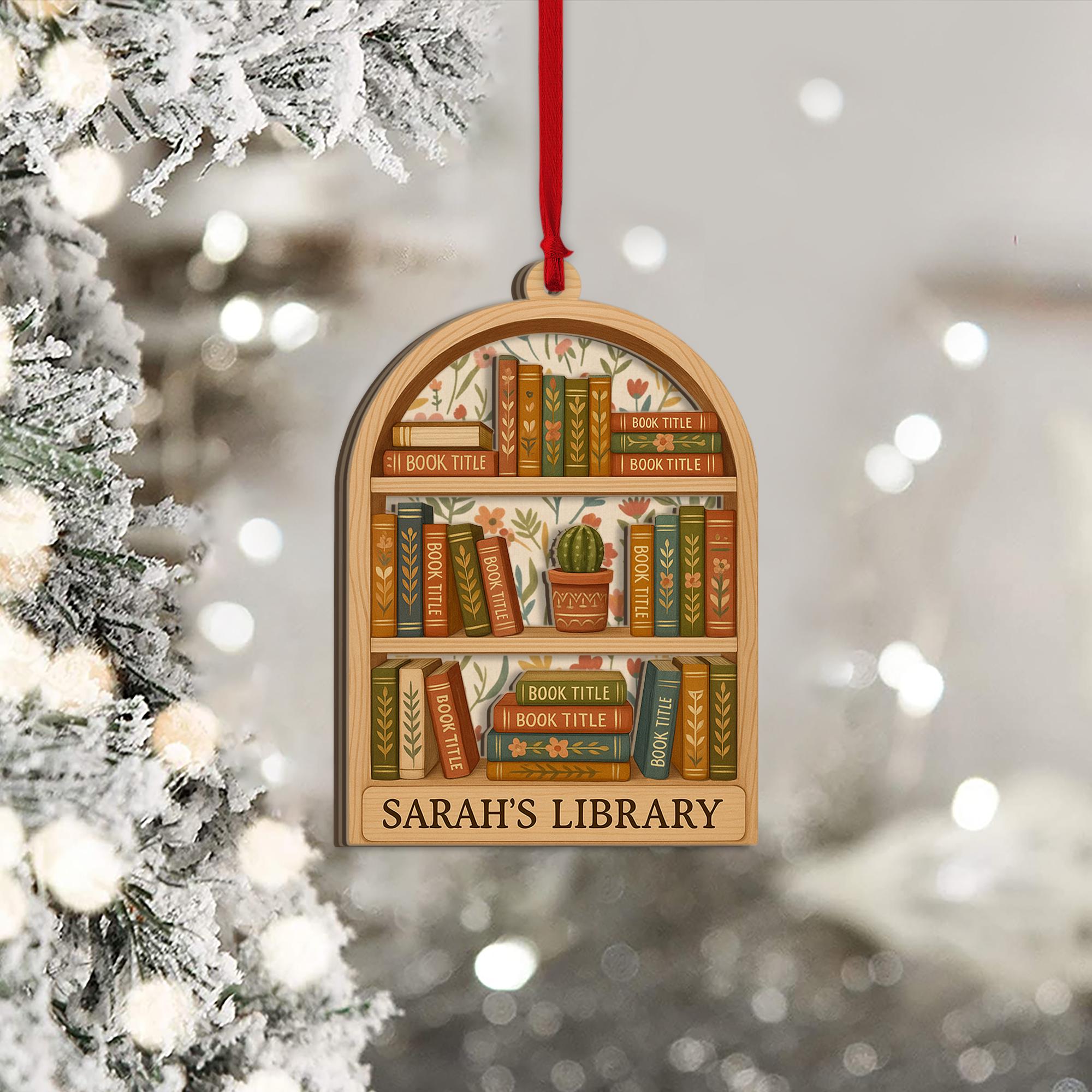 Custom Bookish Christmas Ornament: Wood Two Layer Bookshelf Reading Nook Decor image 2