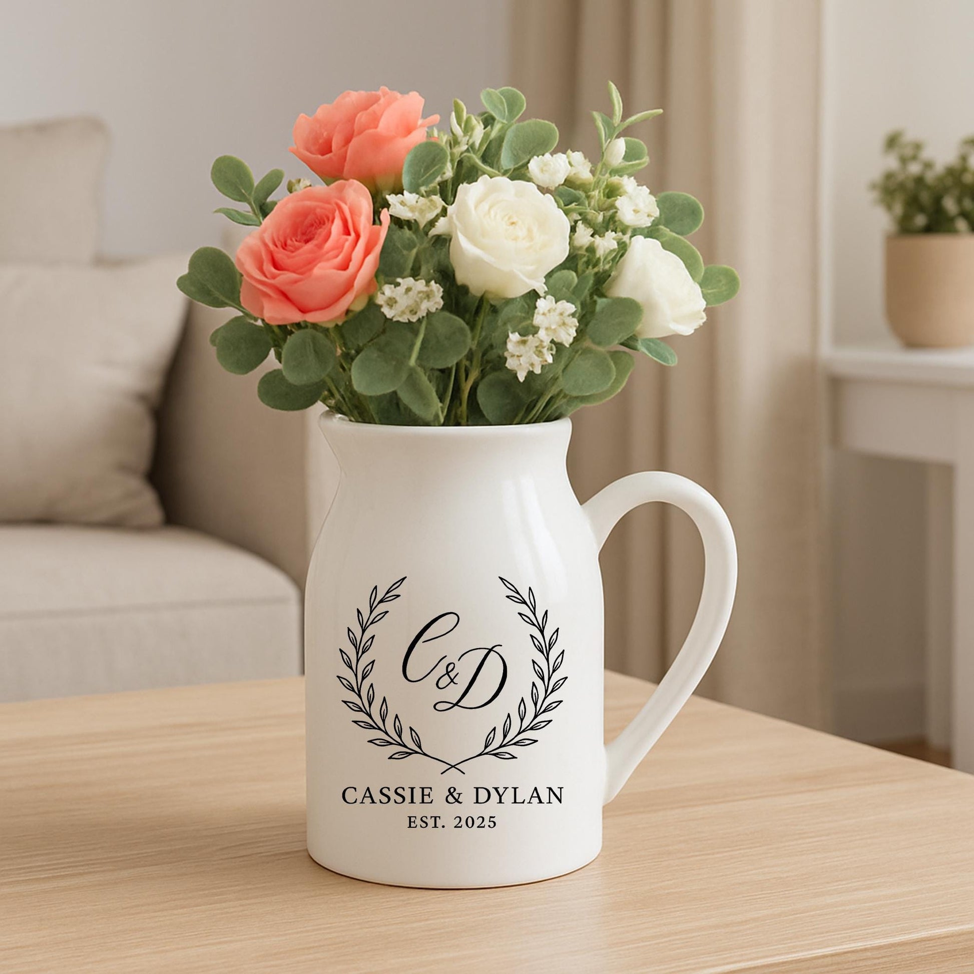 Custom Monogram Ceramic Flower Vase: Personalized Couple gift - Modern Home Decor image 1