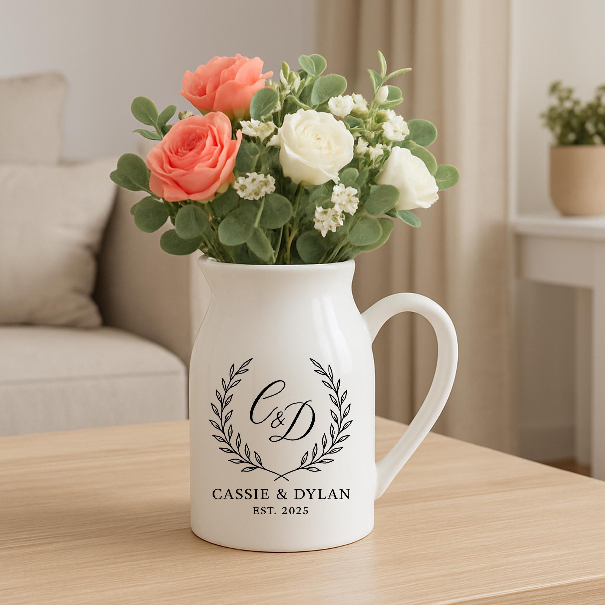 Custom Monogram Ceramic Flower Vase: Personalized Couple gift - Modern Home Decor image 1