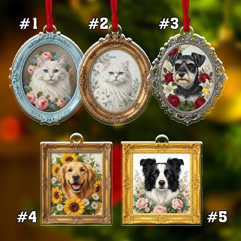 Custom Pet Portrait Ornament - Vintage Frame Christmas Decor for Dog or Cat Lovers image 1