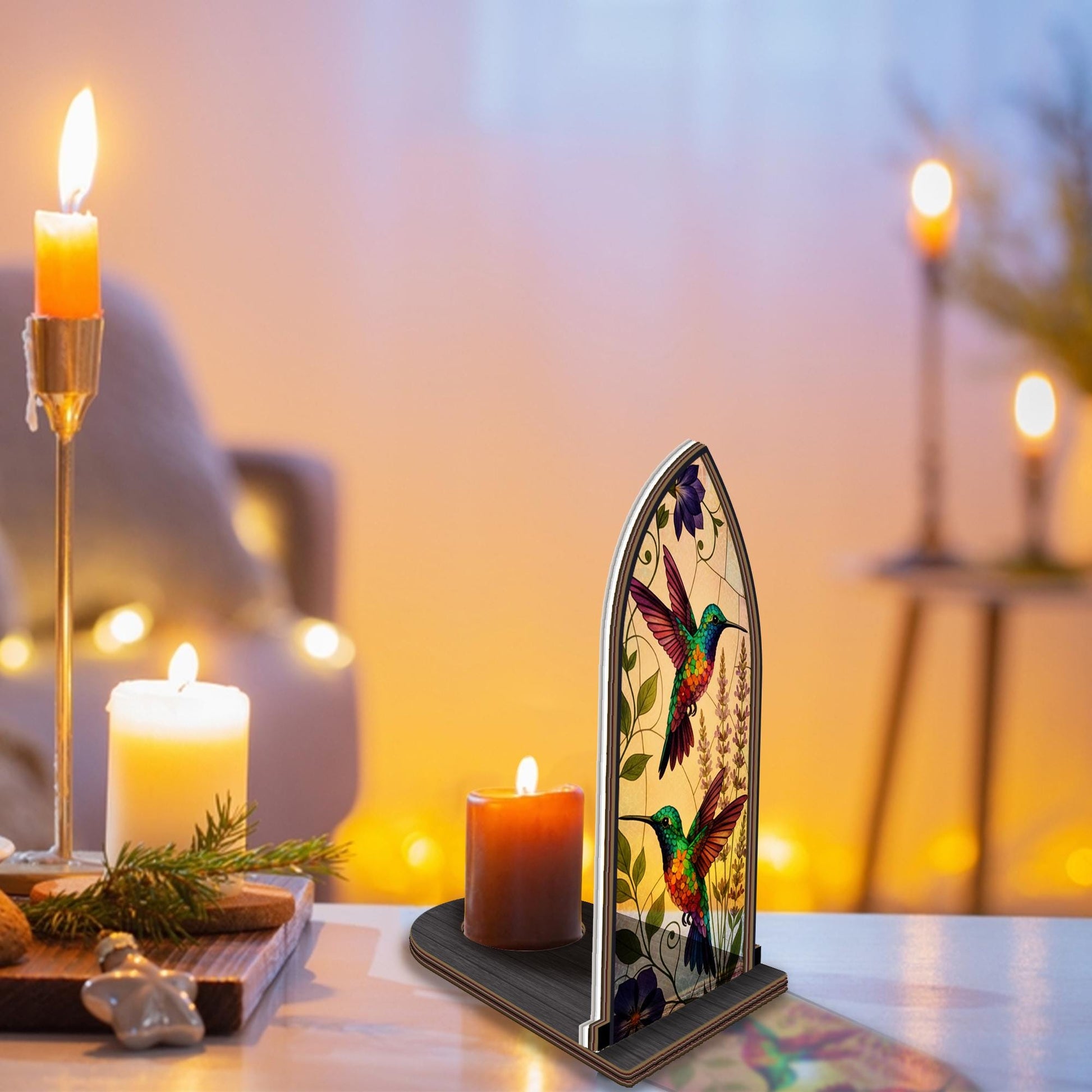 Wooden Candle Holder with Colorful Hummingbirds – Nature Decor Gift for Bird Lovers image 3