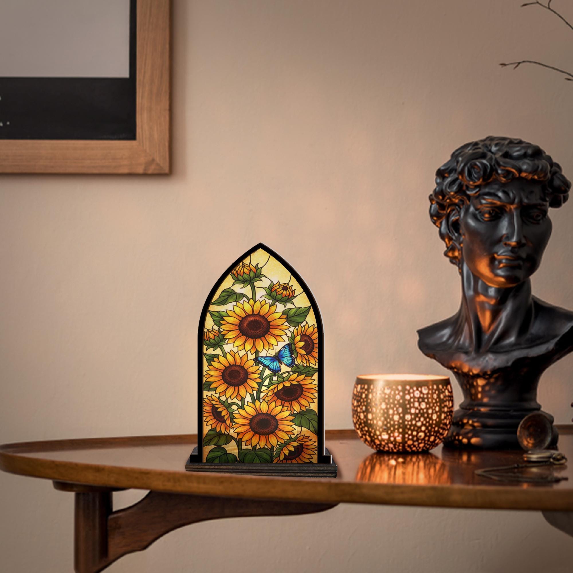 Wooden Candle Holder Sunflower & Butterfly Decor – Rustic Floral Candle Stand Home Gift image 1