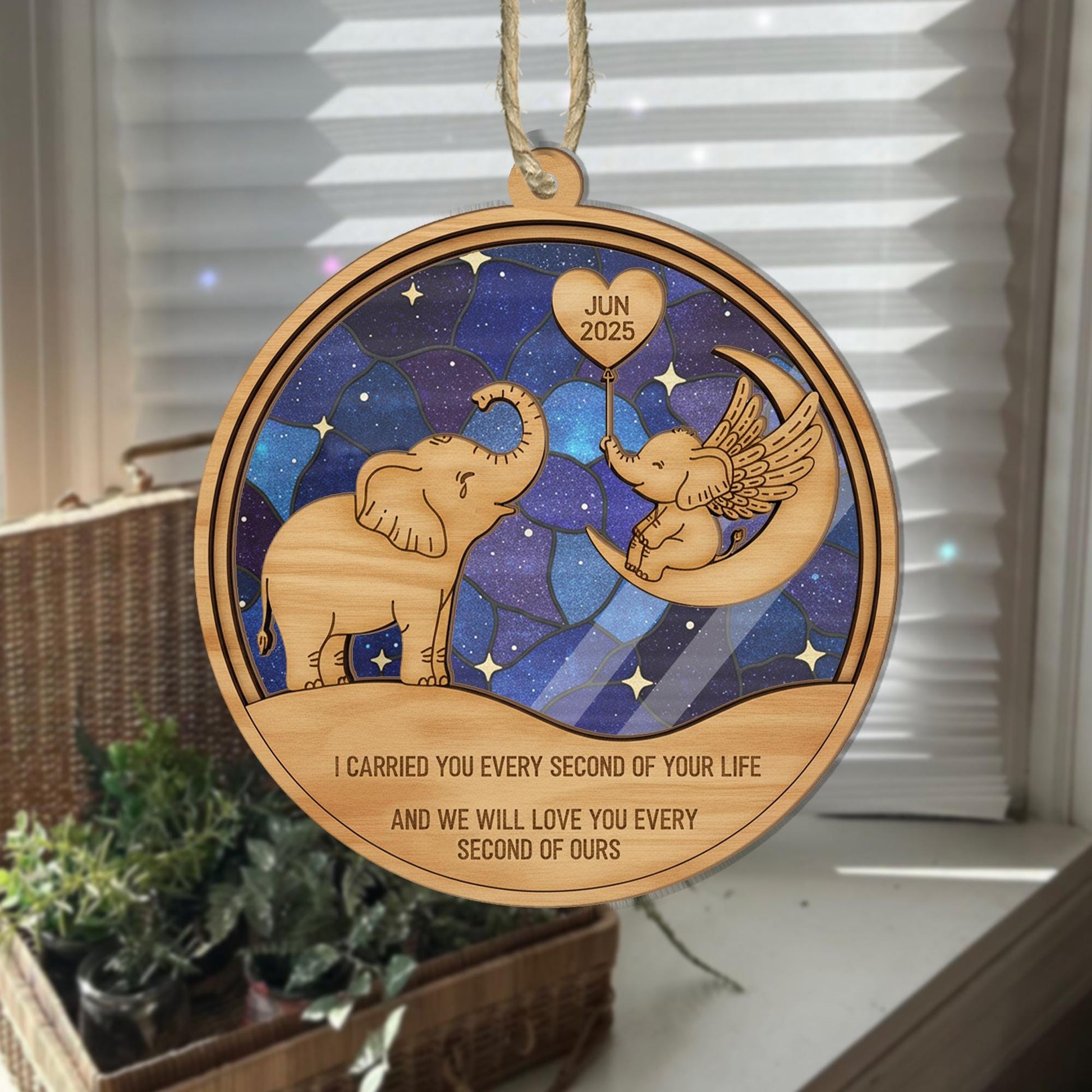 Wood and Acrylic Elephant Suncatcher Ornament – Baby Loss Memorial Design, Personalized Date, Angel Wings, Window or Tree Decoration image 2