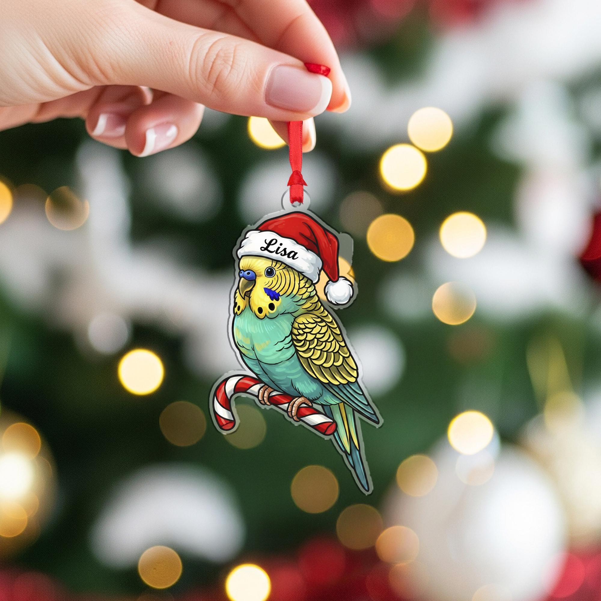 Acrylic Parakeet Ornament – Budgie with Santa Hat and Candy Cane Design, Personalized Name, Christmas Tree Decoration image 4