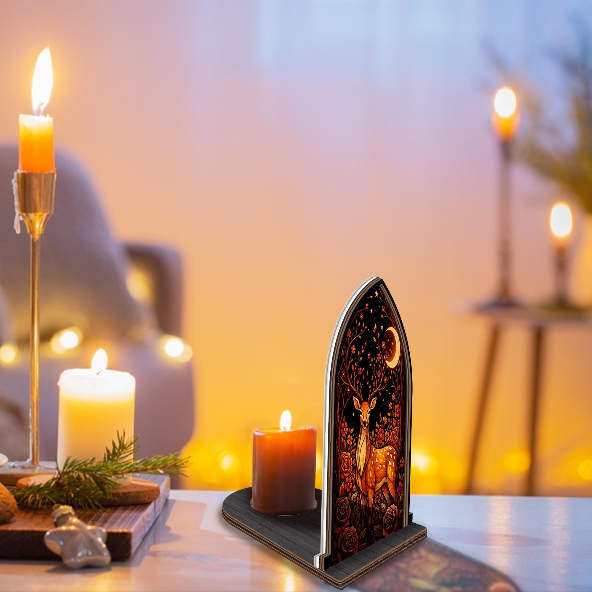 Wooden Arch Candle Holder Deer Silhouette – Autumn Rustic Table Decor Halloween Woodland Candle Stand image 2