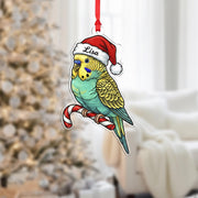 Acrylic Parakeet Ornament – Budgie with Santa Hat and Candy Cane Design, Personalized Name, Christmas Tree Decoration image 1