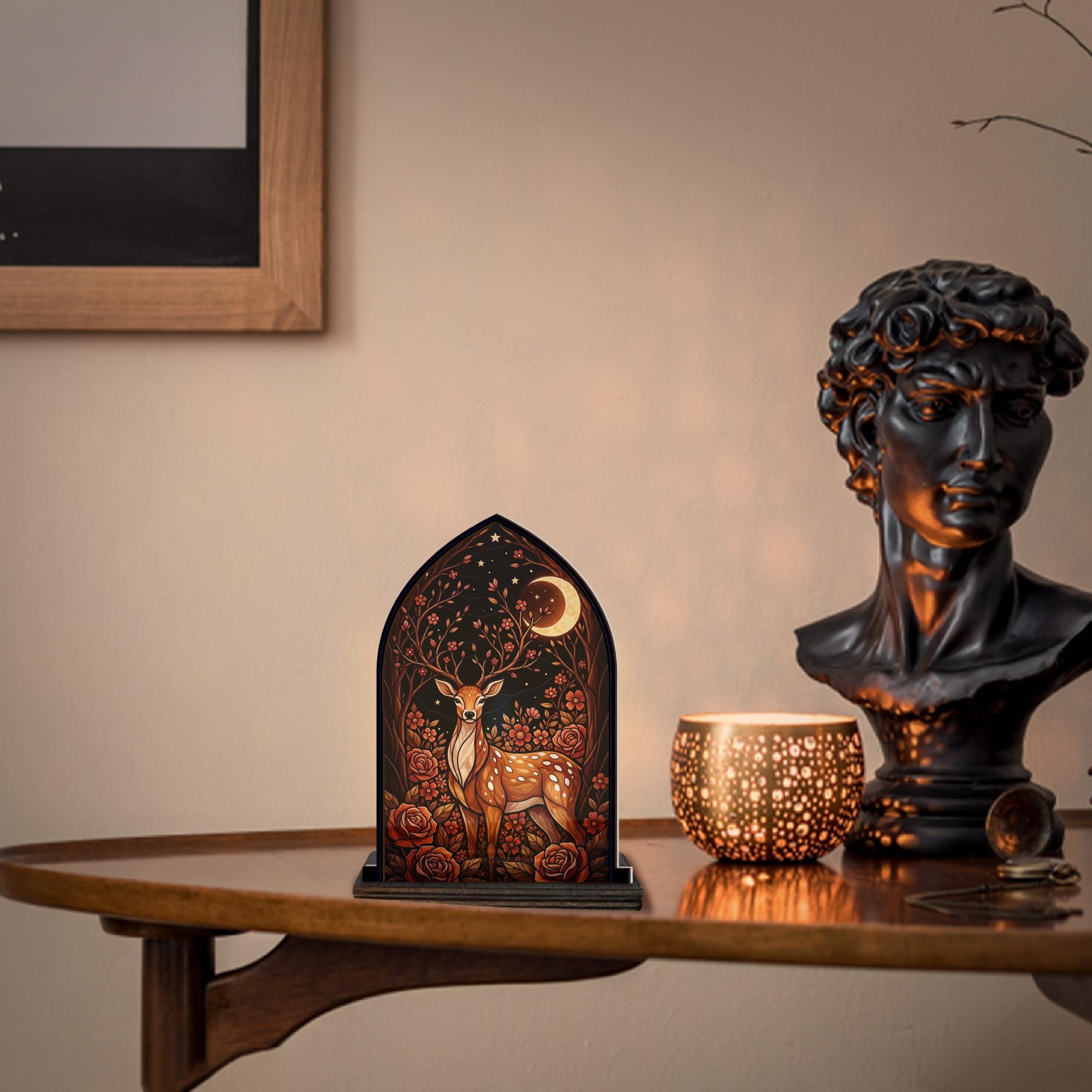 Wooden Arch Candle Holder Deer Silhouette – Autumn Rustic Table Decor Halloween Woodland Candle Stand image 1