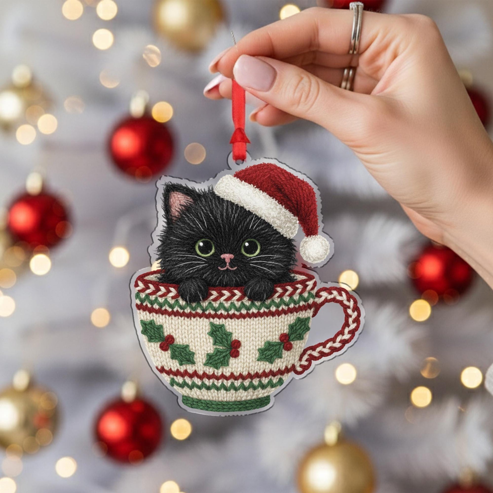 Laser Cut Wood Cat Ornament: Kitten in Teacup with Santa Hat image 3
