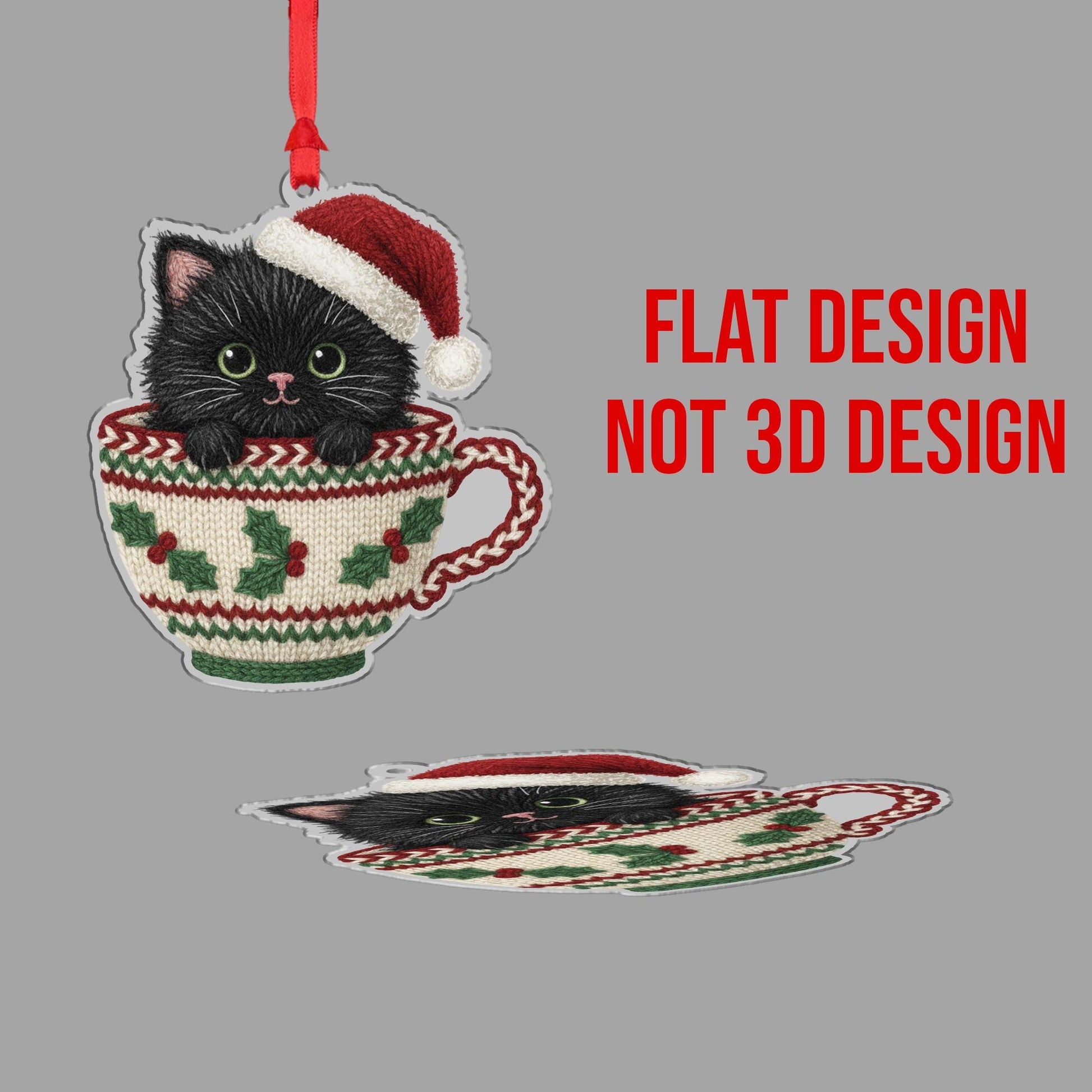 Laser Cut Wood Cat Ornament: Kitten in Teacup with Santa Hat image 6