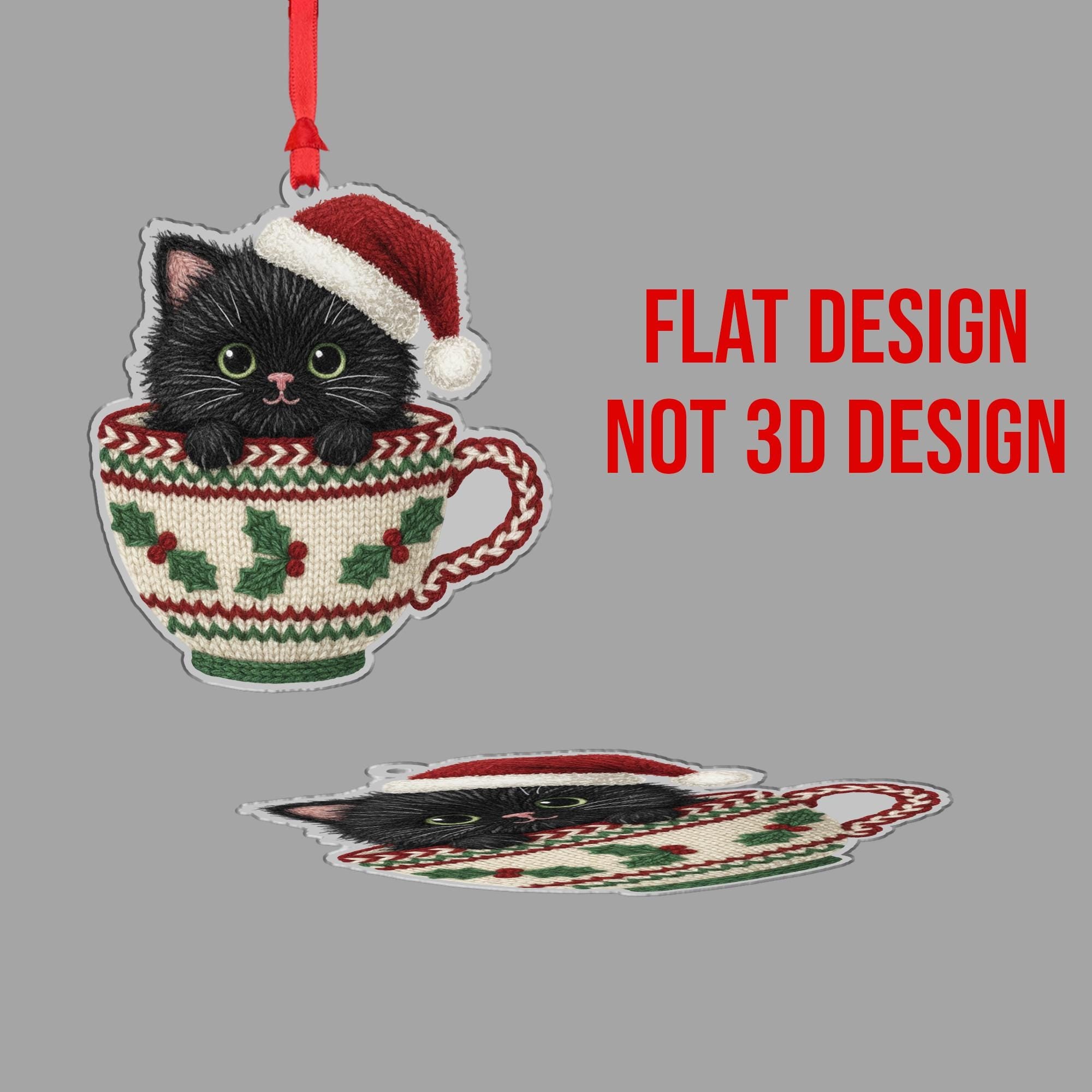 Laser Cut Wood Cat Ornament: Kitten in Teacup with Santa Hat image 6