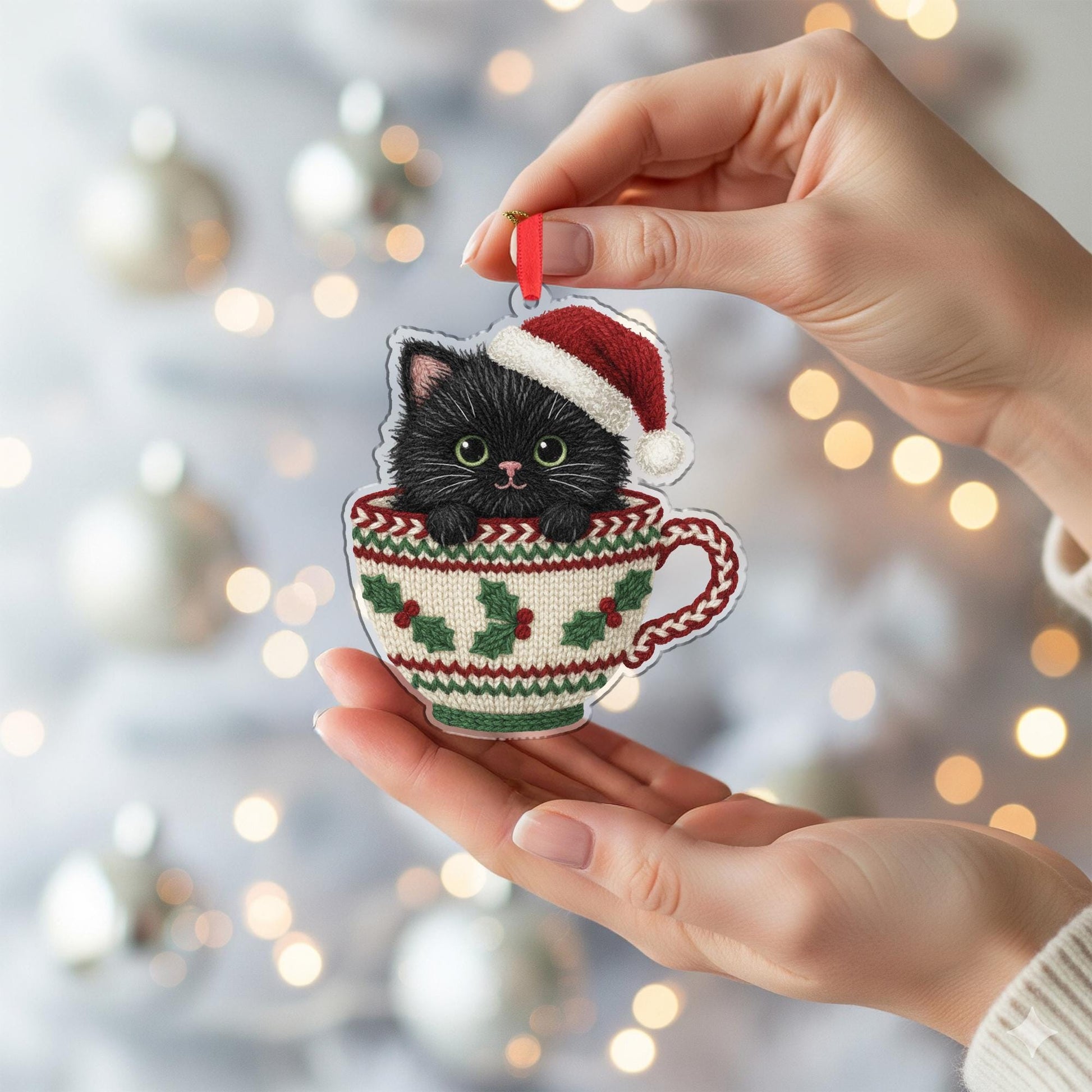 Laser Cut Wood Cat Ornament: Kitten in Teacup with Santa Hat image 5