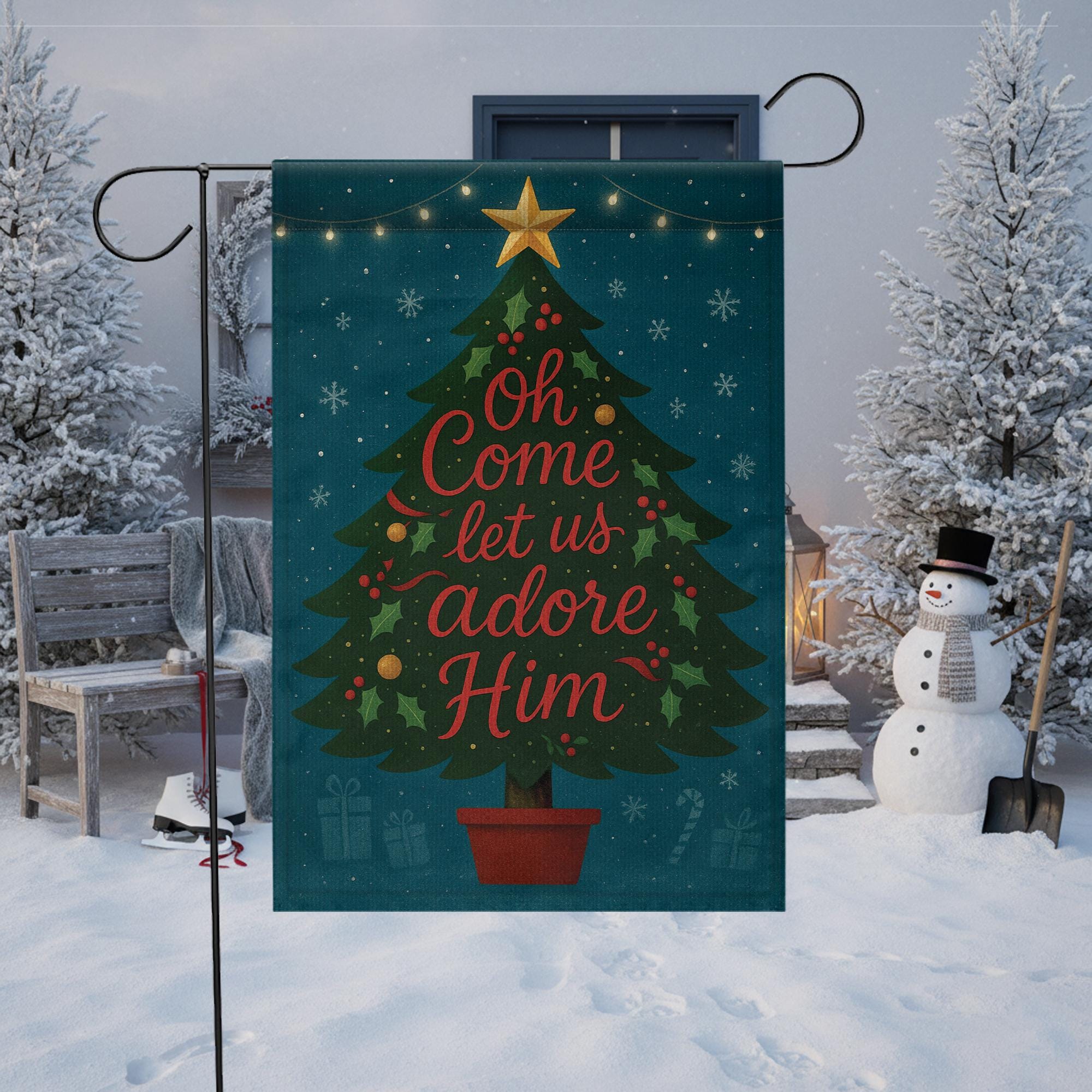 Oh Come Let Us Adore Him Christmas Garden Flag: Holiday Tree Outdoor Flag image 3