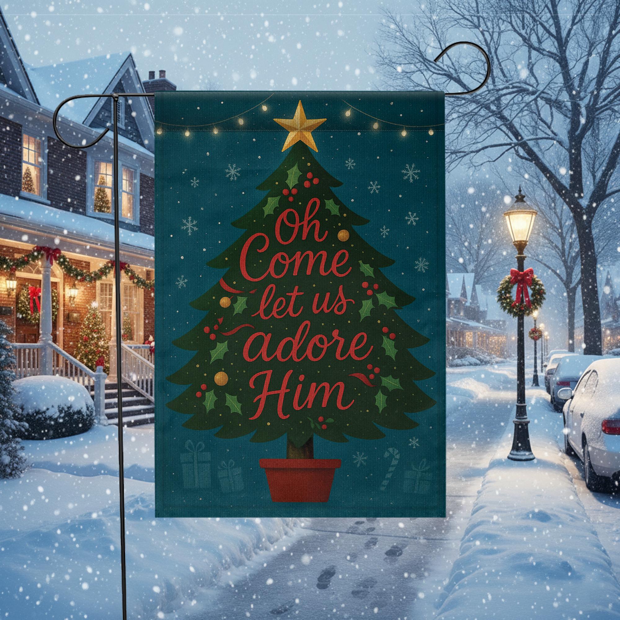 Oh Come Let Us Adore Him Christmas Garden Flag: Holiday Tree Outdoor Flag image 4