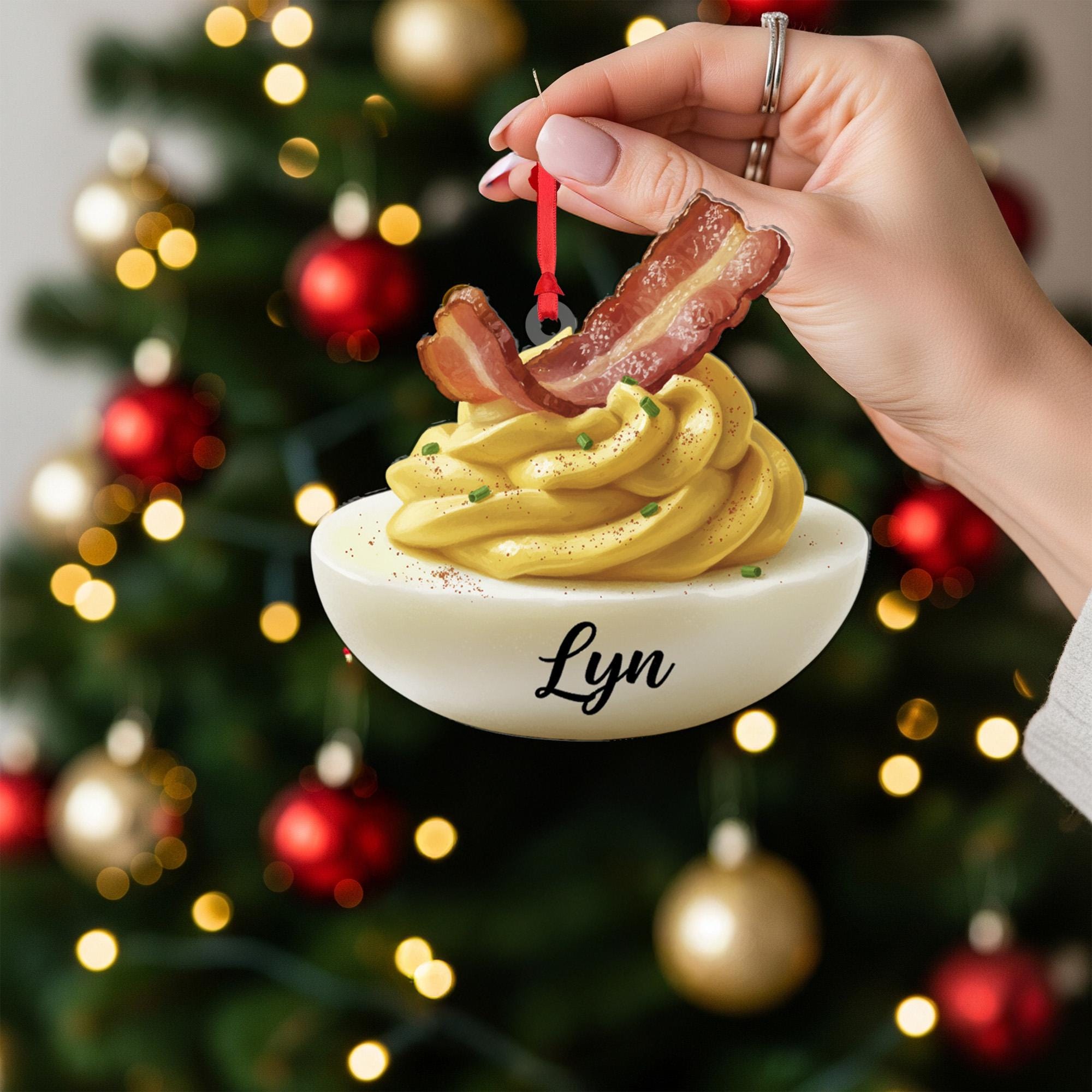 Personalized Deviled Egg Ornament – Food Decoration, Bacon and Chive Design, Holiday Kitchen Tree Keepsake image 1