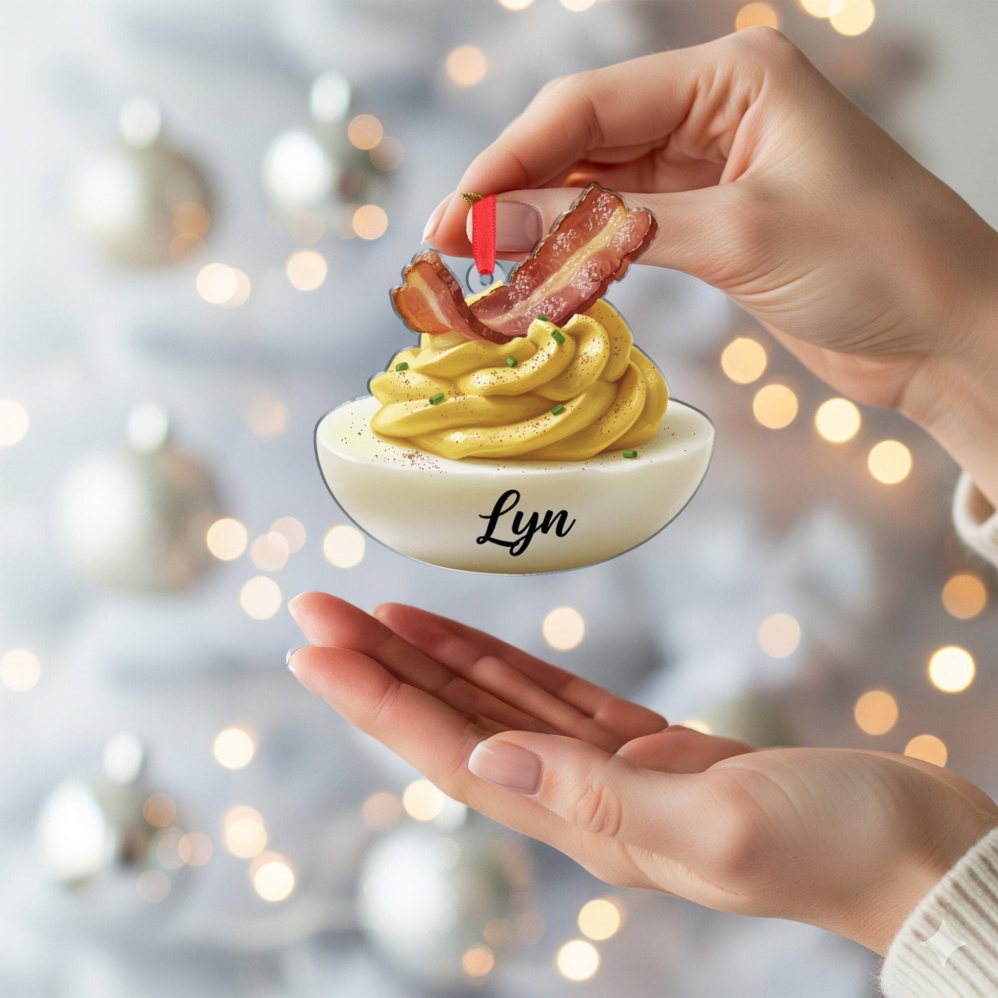 Personalized Deviled Egg Ornament – Food Decoration, Bacon and Chive Design, Holiday Kitchen Tree Keepsake image 4