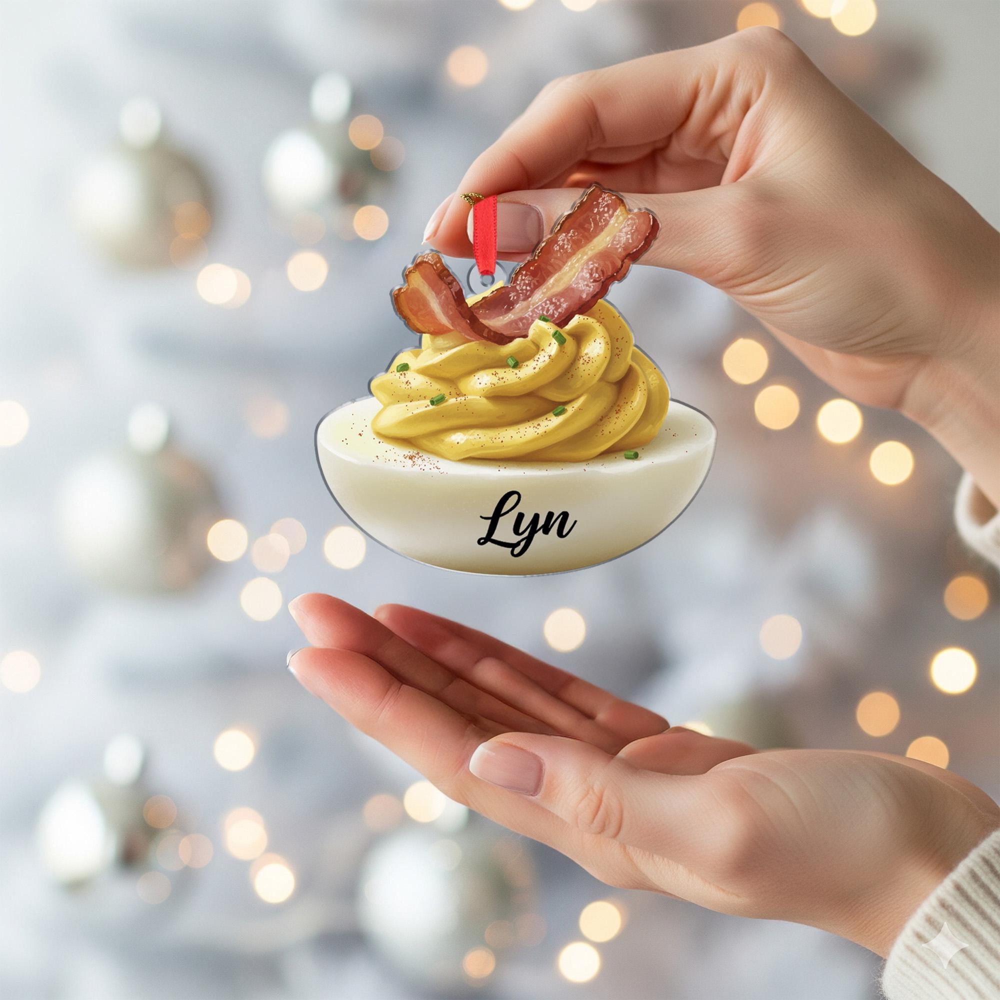 Personalized Deviled Egg Ornament – Food Decoration, Bacon and Chive Design, Holiday Kitchen Tree Keepsake image 4