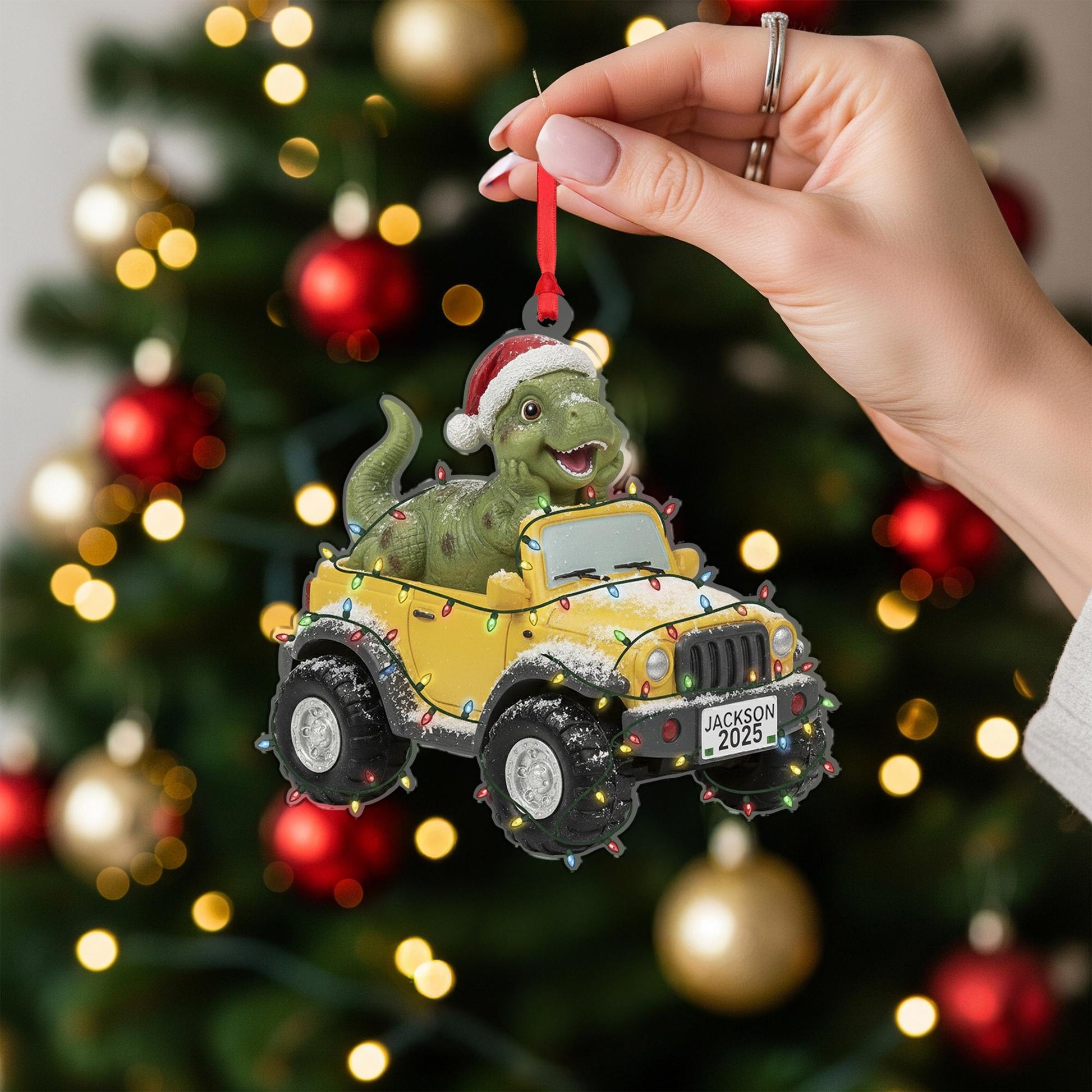 Personalized Dinosaur Car Ornament – Christmas Decoration, T-Rex in Jeep Design, Holiday Tree Keepsake image 2