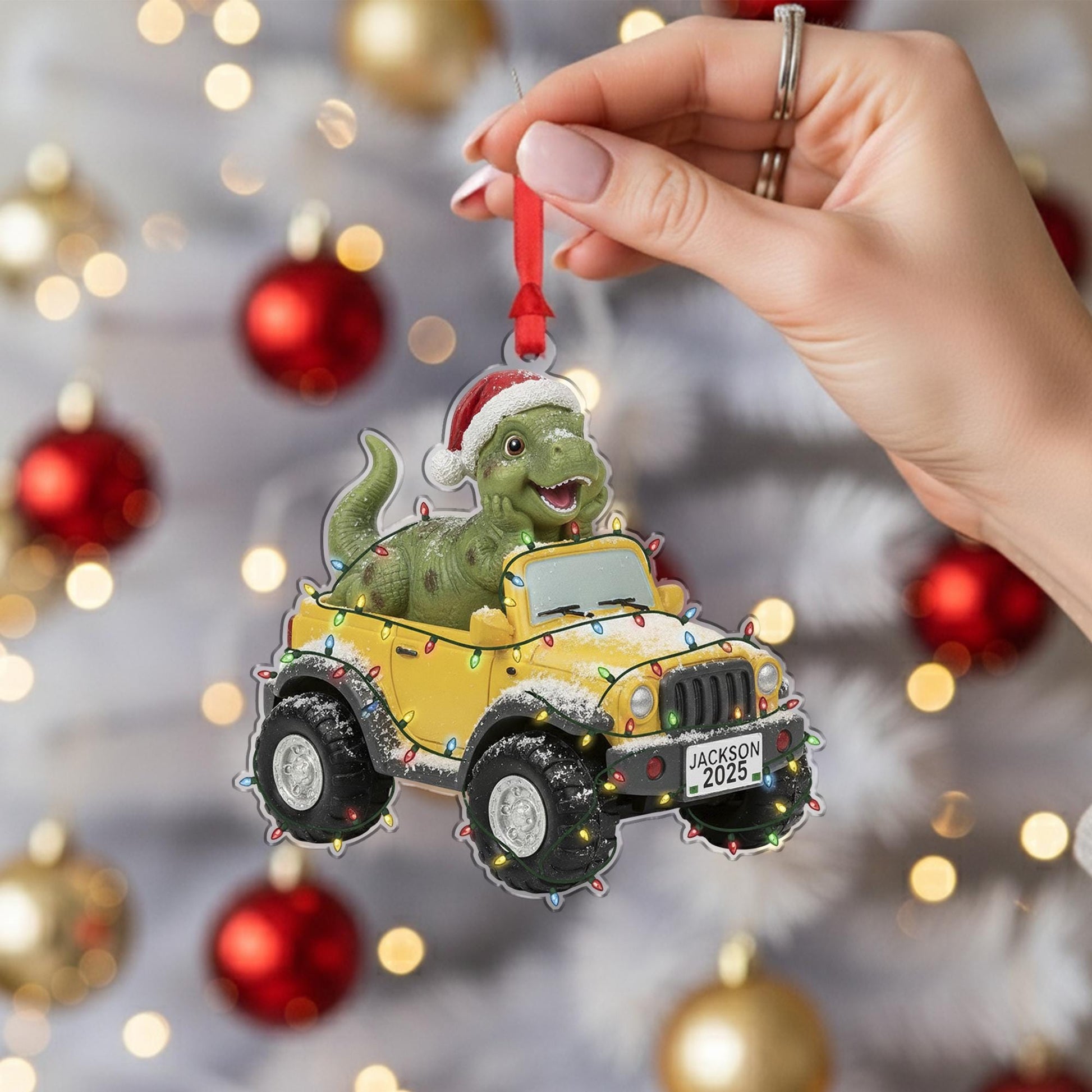 Personalized Dinosaur Car Ornament – Christmas Decoration, T-Rex in Jeep Design, Holiday Tree Keepsake image 3