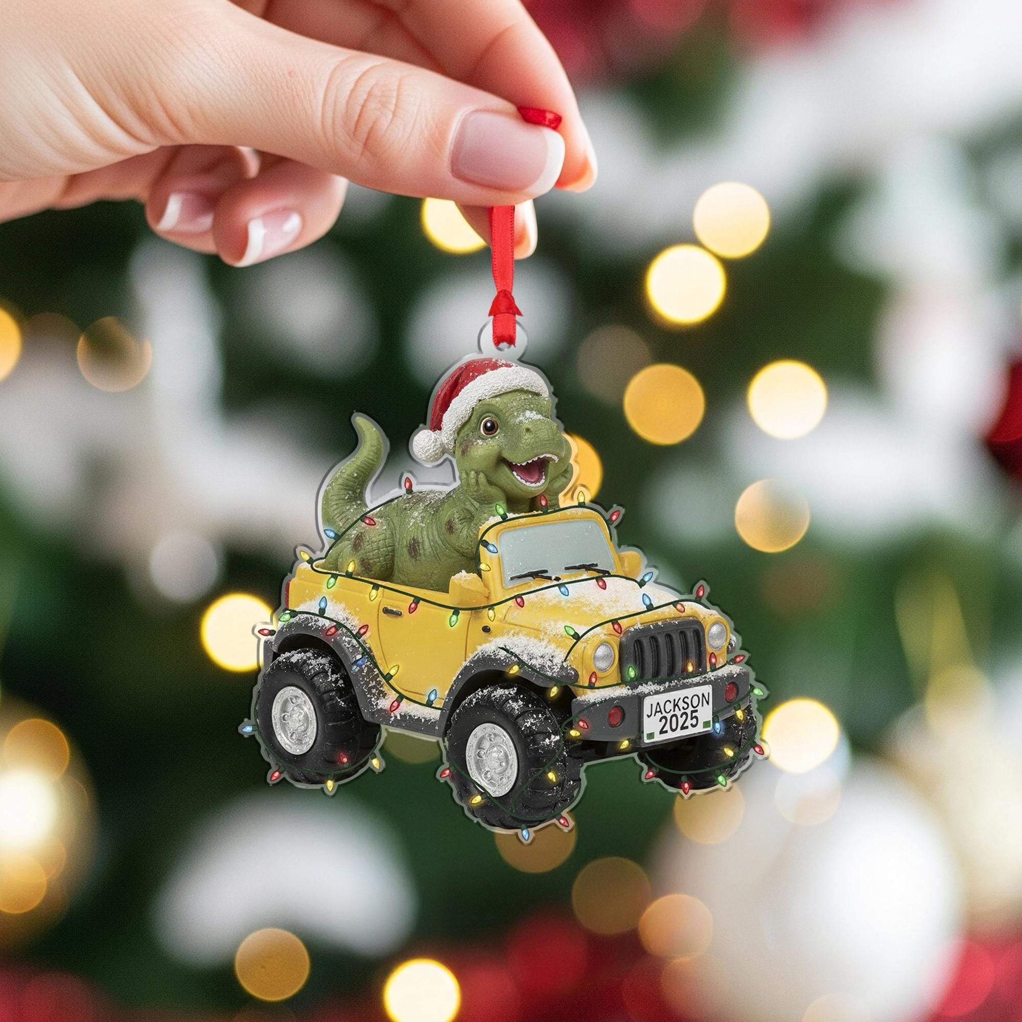 Personalized Dinosaur Car Ornament – Christmas Decoration, T-Rex in Jeep Design, Holiday Tree Keepsake image 4