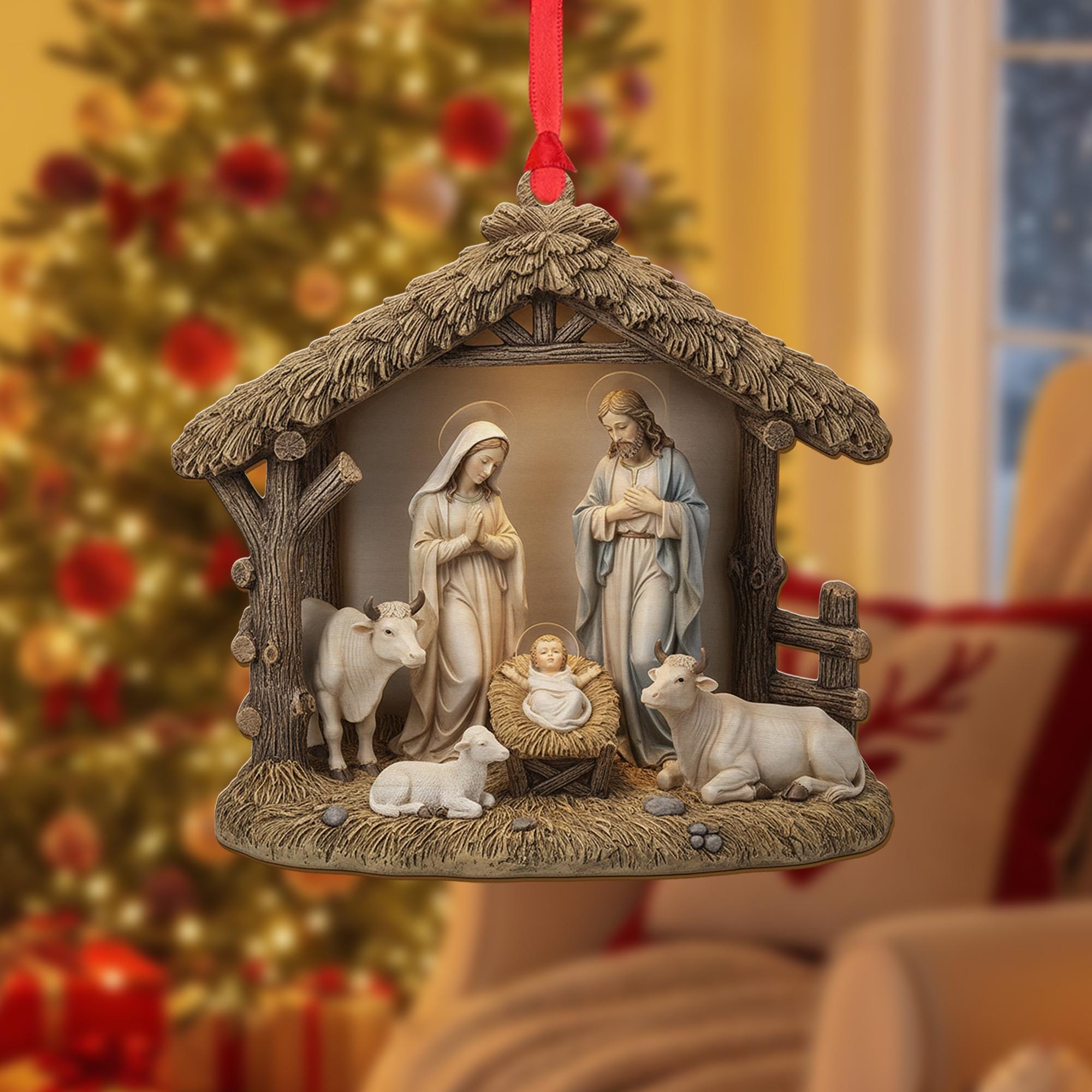 Nativity Scene Ornament – Holy Decoration, Mary Joseph and Baby Jesus, Religious Tree Keepsake image 2