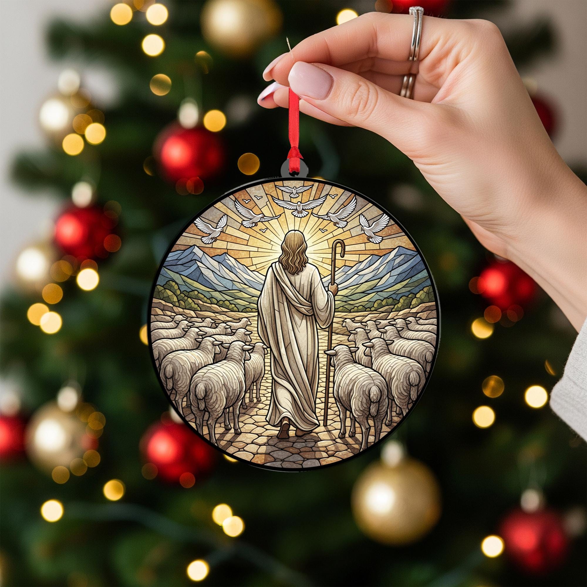 Stained Glass Jesus Ornament – Religious Christmas Decoration, Good Shepherd Design, Christian Faith Tree Keepsake image 2