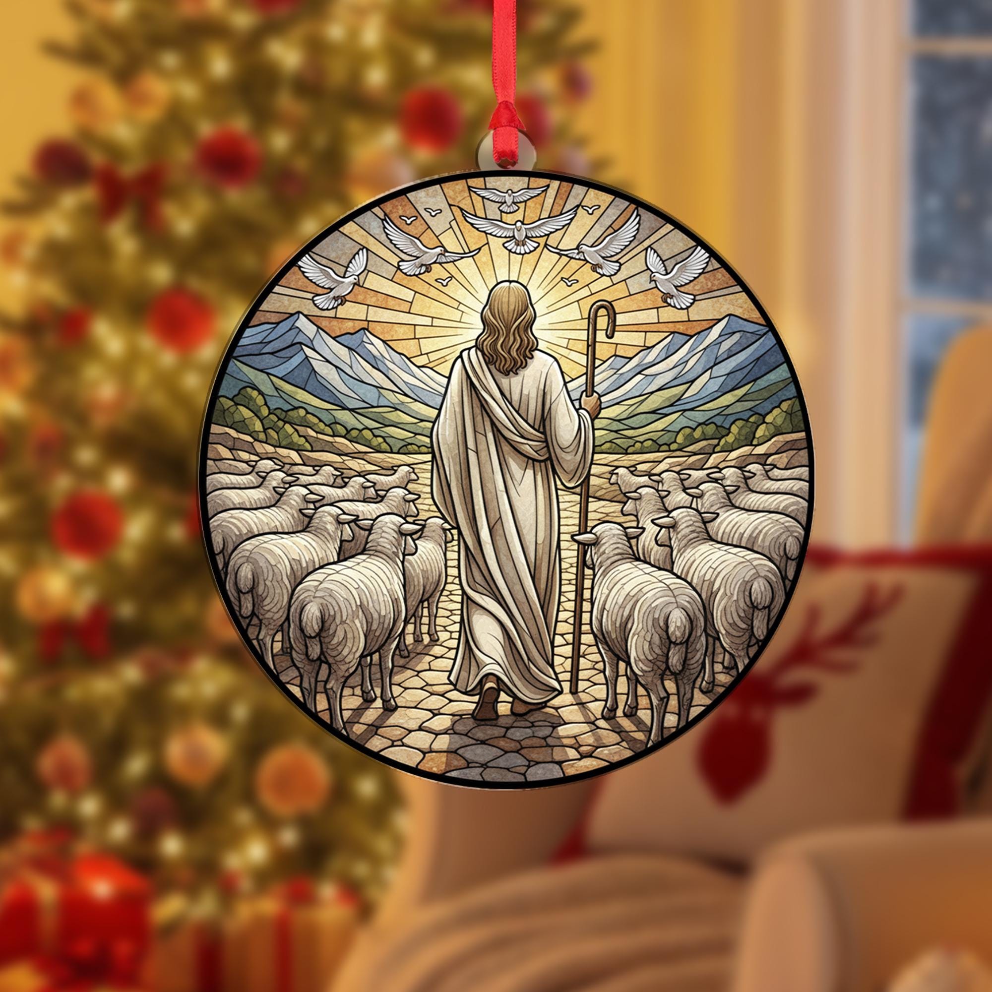 Stained Glass Jesus Ornament – Religious Christmas Decoration, Good Shepherd Design, Christian Faith Tree Keepsake image 1