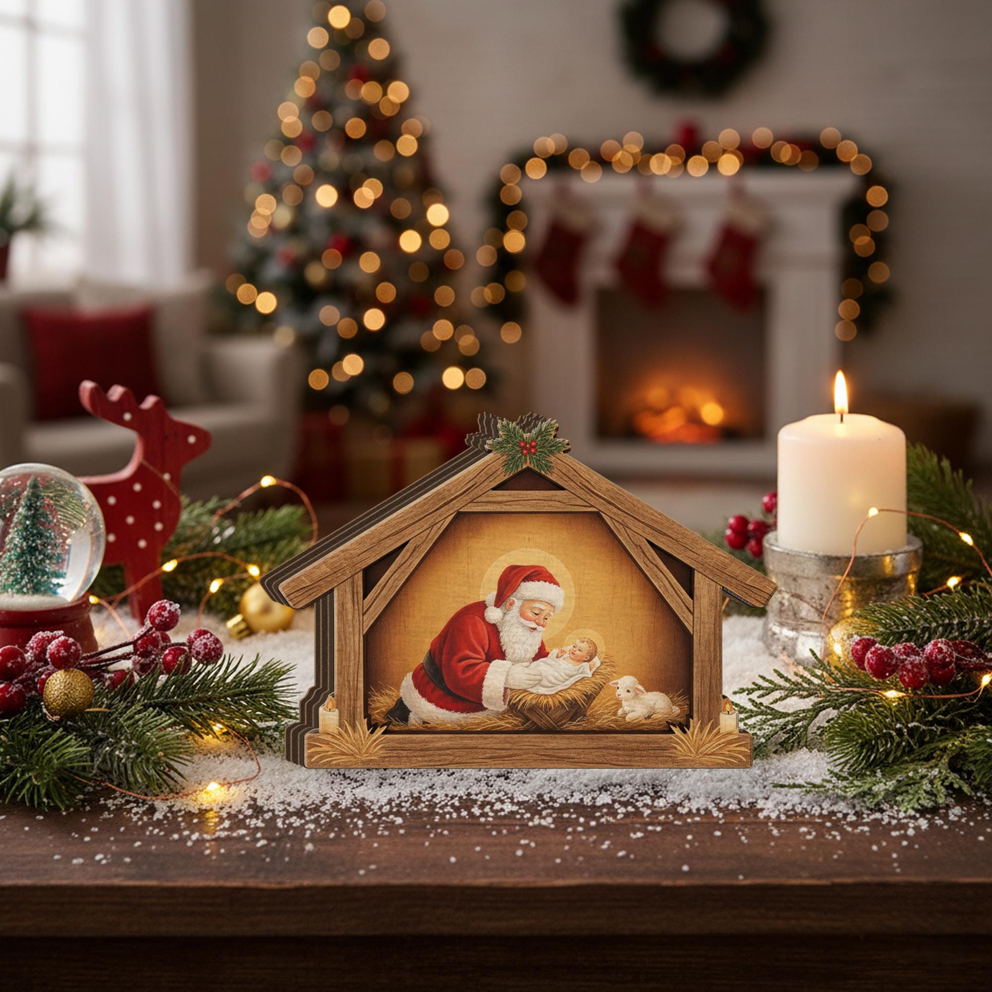 Baby Jesus Wooden Nativity Block – Santa and Christ Scene Christmas Table Decoration image 4