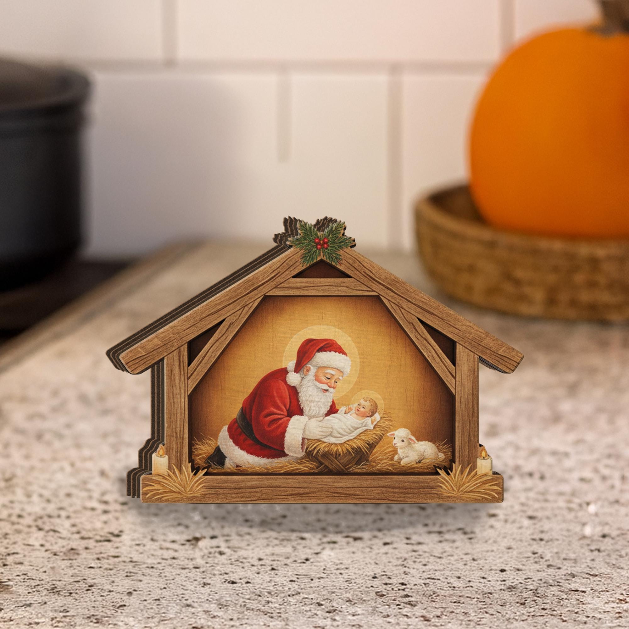 Baby Jesus Wooden Nativity Block – Santa and Christ Scene Christmas Table Decoration image 6