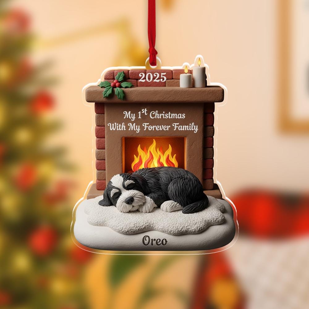 Personalized Pet’s First Christmas Ornament - Custom Dog by Fireplace Keepsake image 1