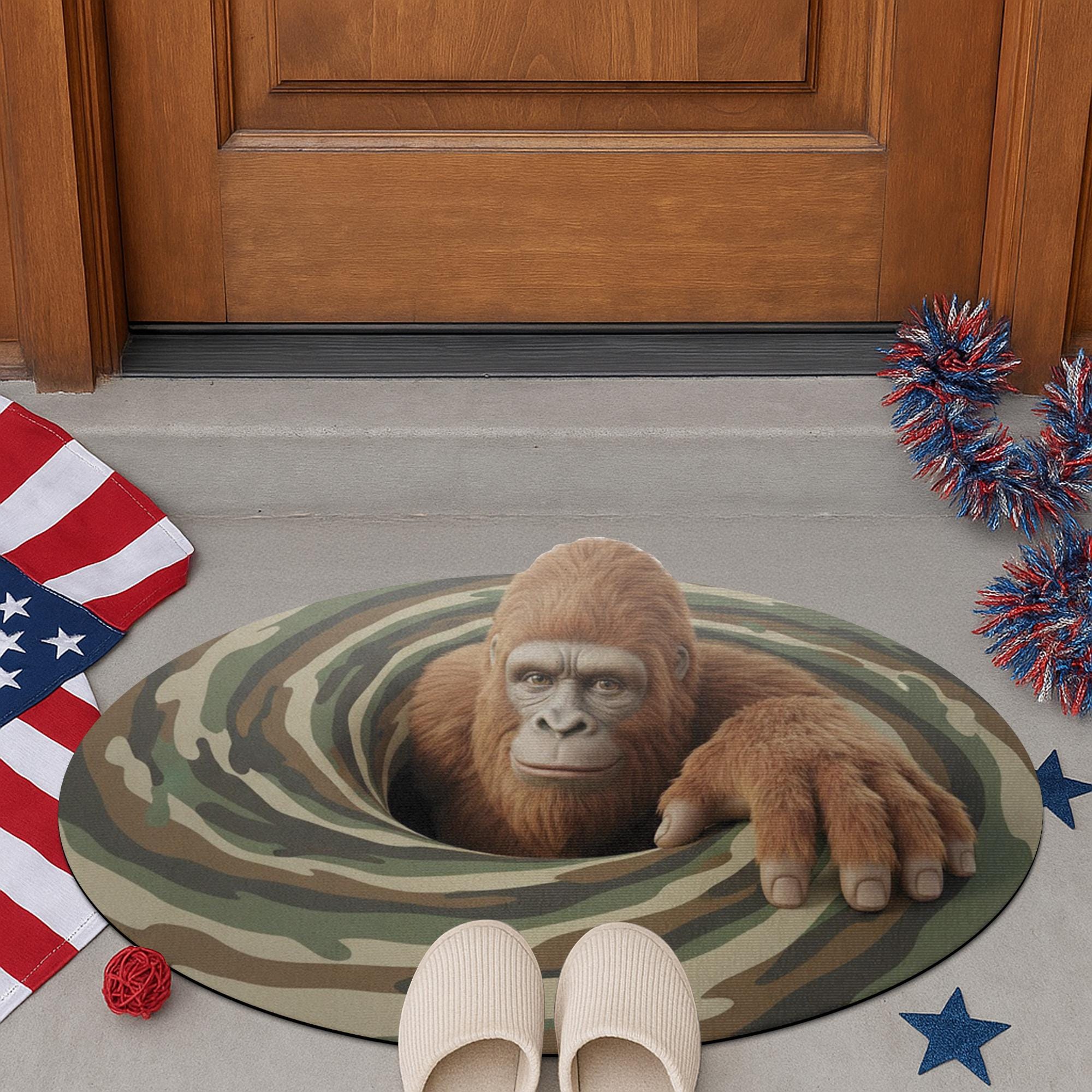 Bigfoot Illusion Rug • Round Camouflage Doormat with Realistic Bigfoot Design image 2