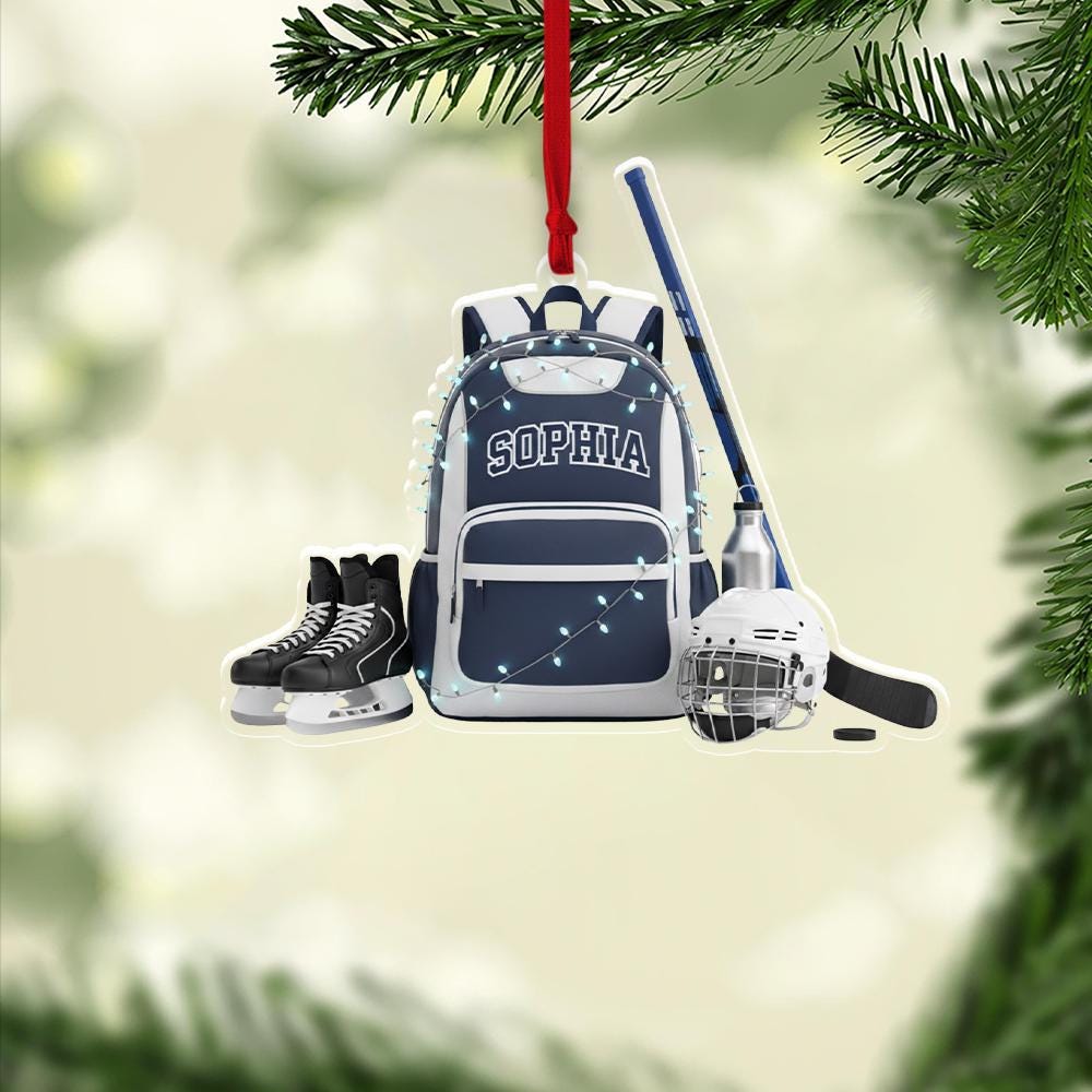 Personalized Hockey Backpack Ornament – Custom Name Ice Hockey Gear Christmas Tree Decoration image 1