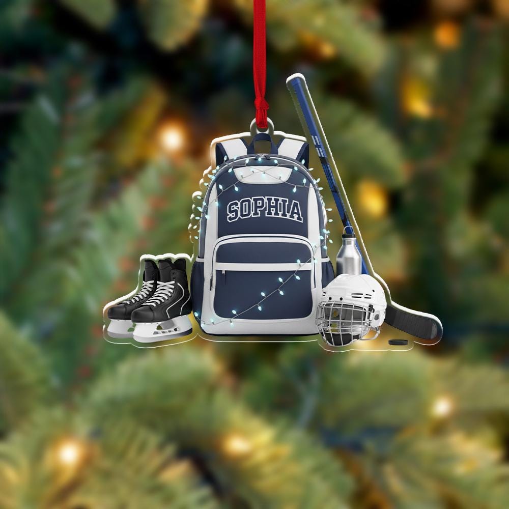 Personalized Hockey Backpack Ornament – Custom Name Ice Hockey Gear Christmas Tree Decoration image 2