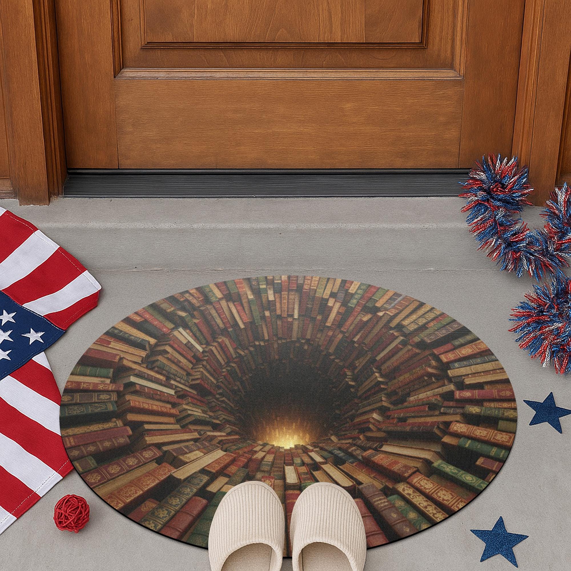 Round 3D Book Vortex Doormat • Circular Illusion Rug with Stacked Books Print image 2