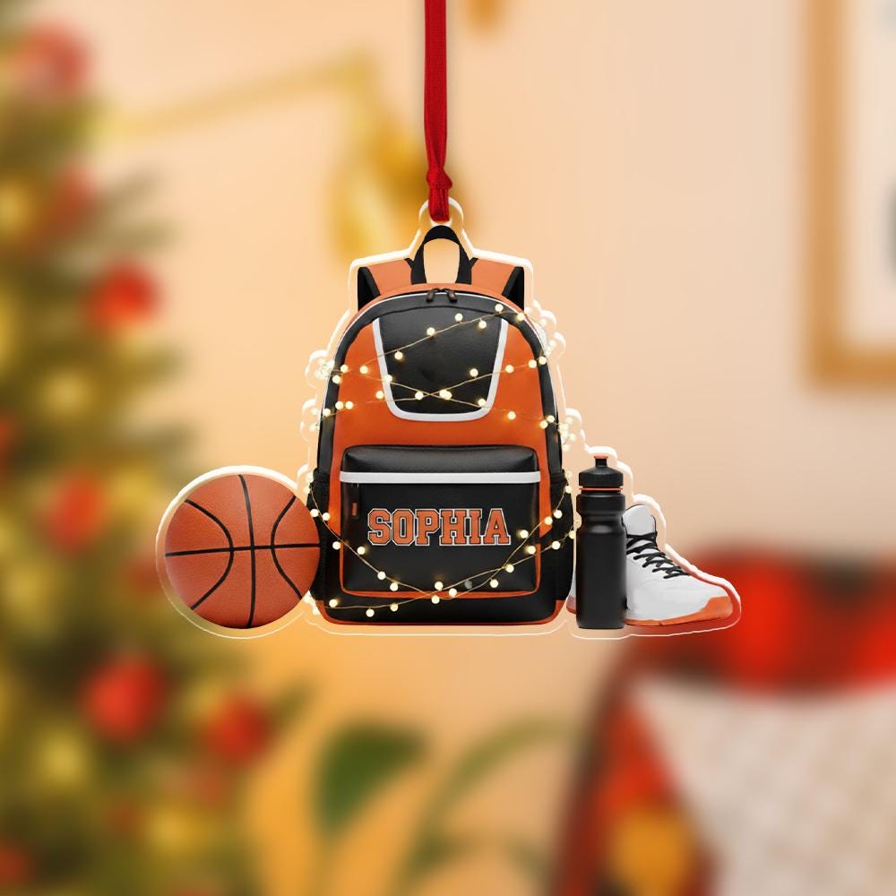 Personalized Basketball Backpack Ornament – Custom Name Sports Gear Christmas Tree Decoration image 2