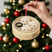 Personalized Dumpling Ornament – Custom Name Food Decoration, Steamer Basket Design, Holiday Kitchen Tree Keepsake image 1
