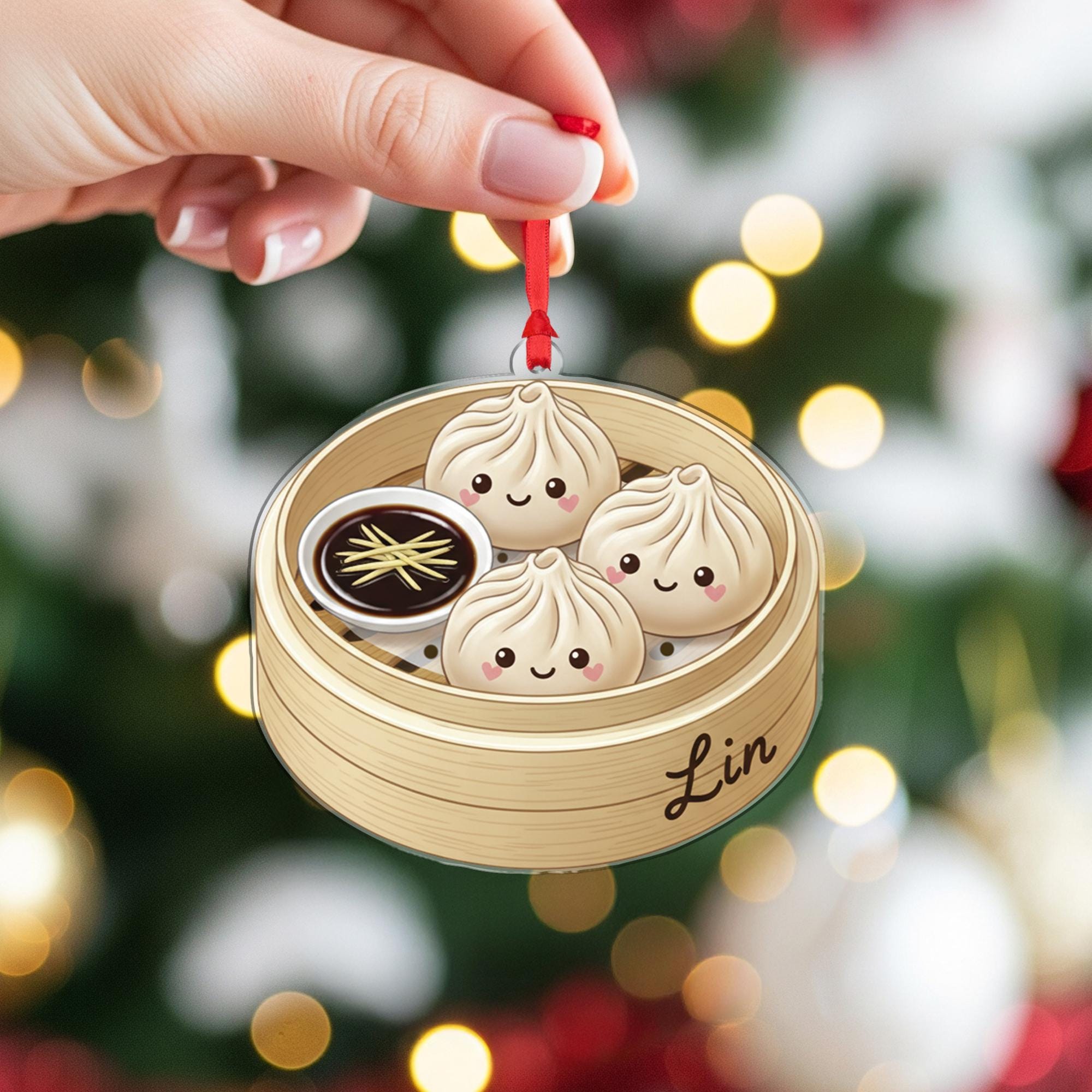 Personalized Dumpling Ornament – Custom Name Food Decoration, Steamer Basket Design, Holiday Kitchen Tree Keepsake image 3