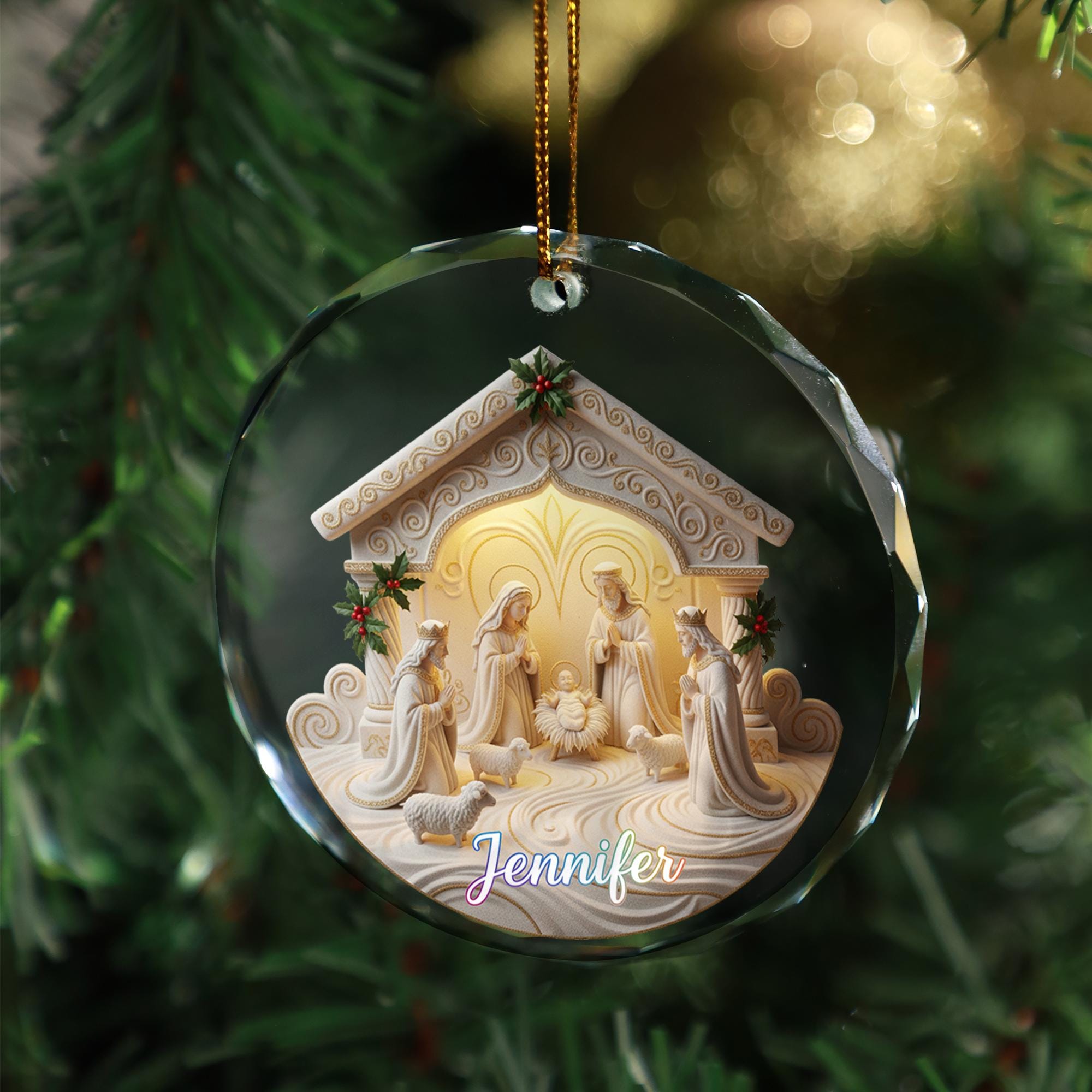 Personalized Glass Nativity Ornament – Custom Name Holy Family Decoration, Religious Christmas Keepsake image 1