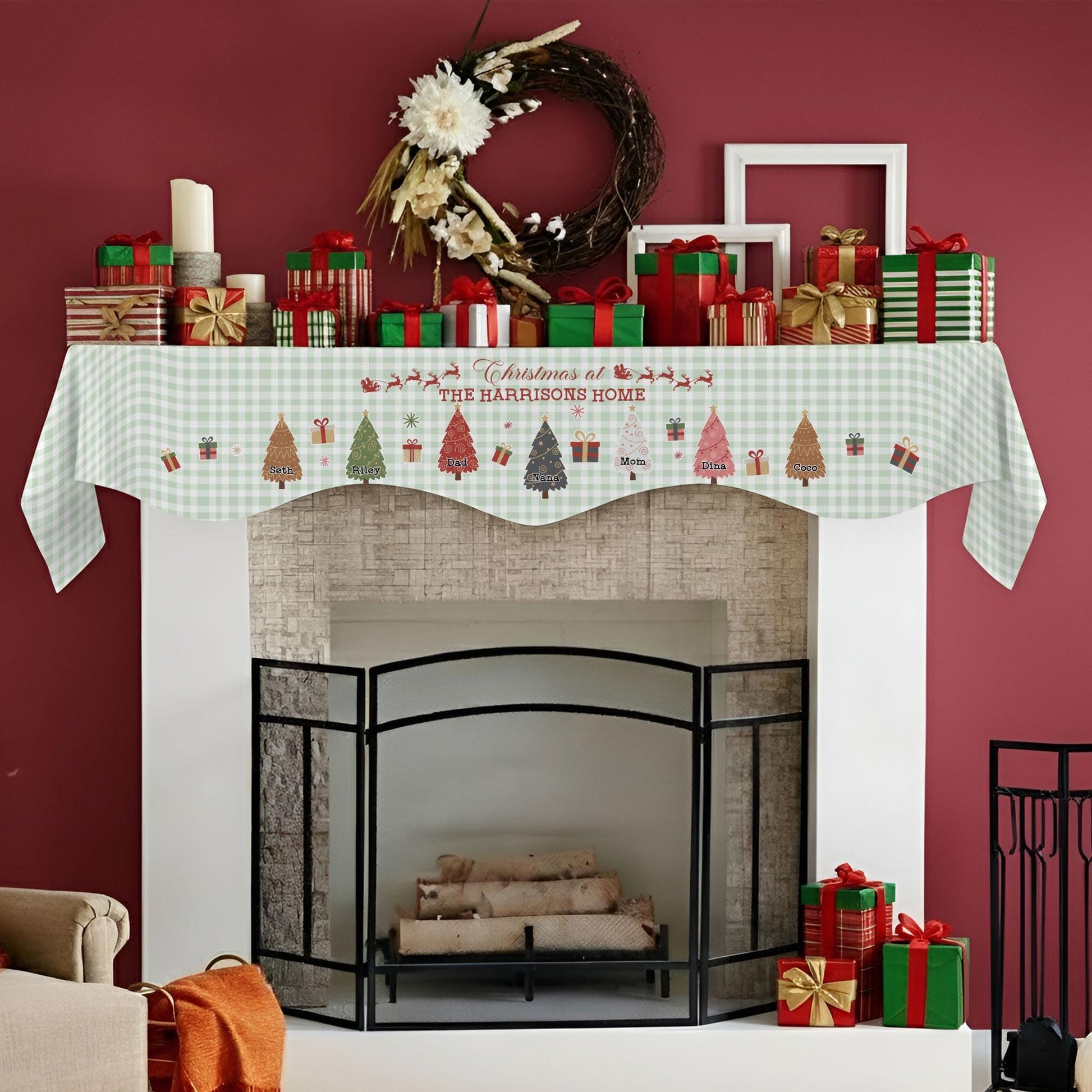 Custom Family Christmas Trees Fireplace Mantel Scarf: Personalized Holiday Hearth Decor image 2