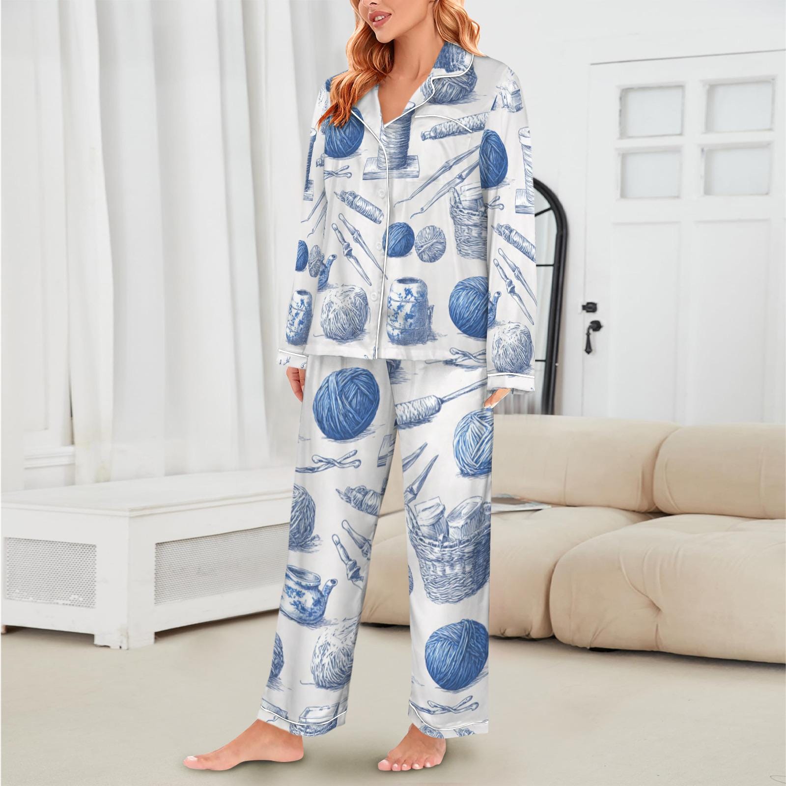 Pajama Set Yarn Knitting Print; Women's Blue Crochet Crafting PJs Gift image 2