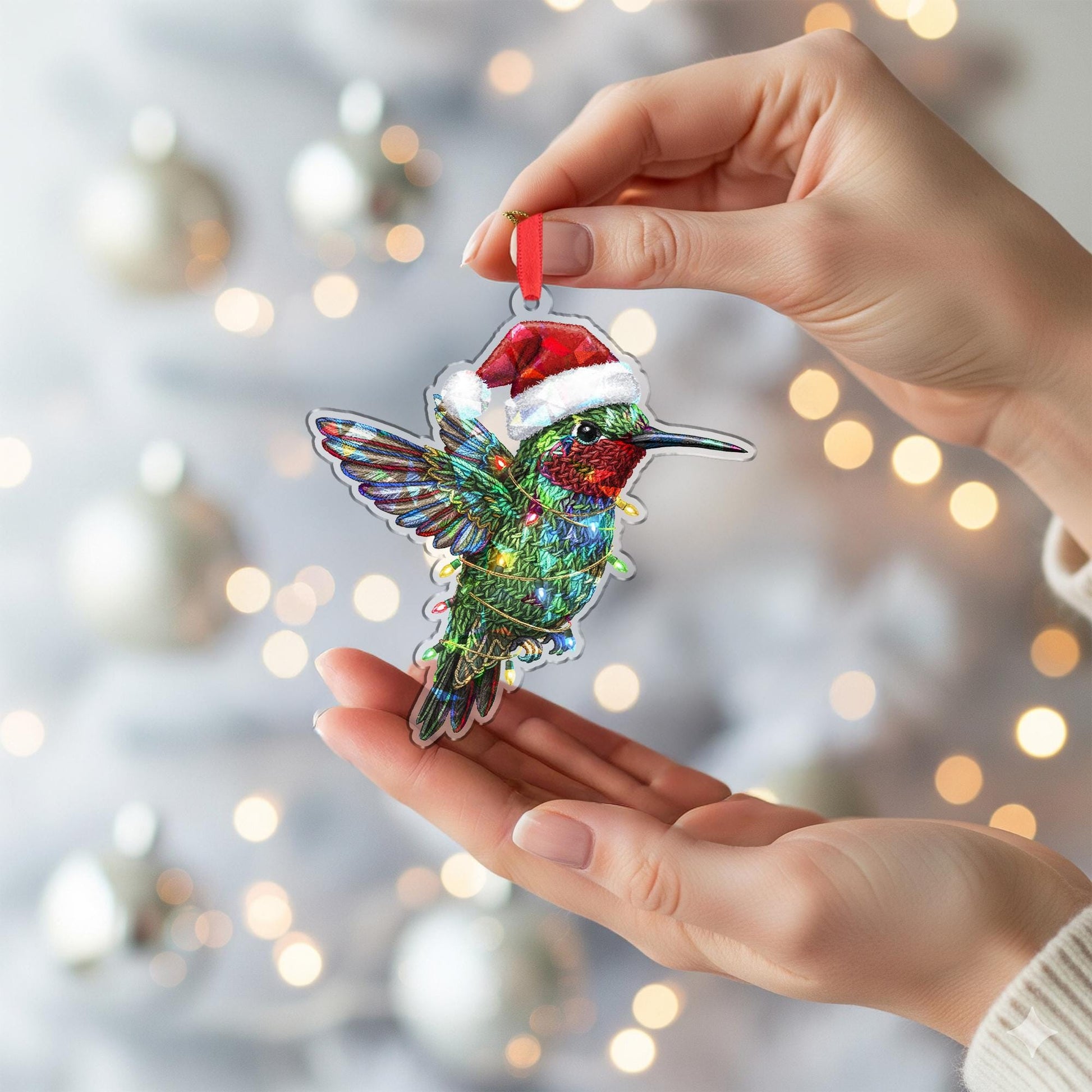 Holographic Hummingbird Ornament – Acrylic Bird Decoration with Santa Hat and Light Detail image 4
