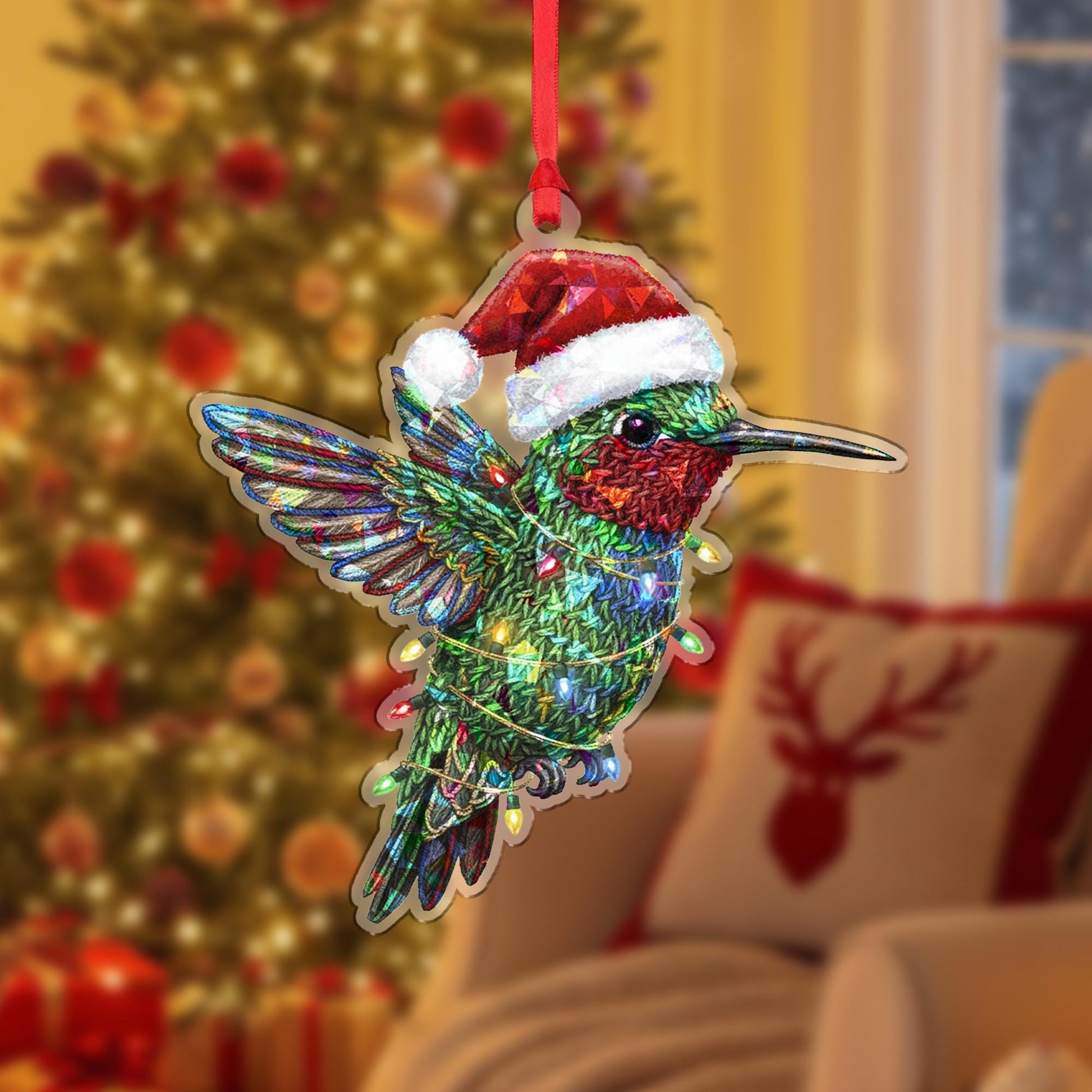 Holographic Hummingbird Ornament – Acrylic Bird Decoration with Santa Hat and Light Detail image 6