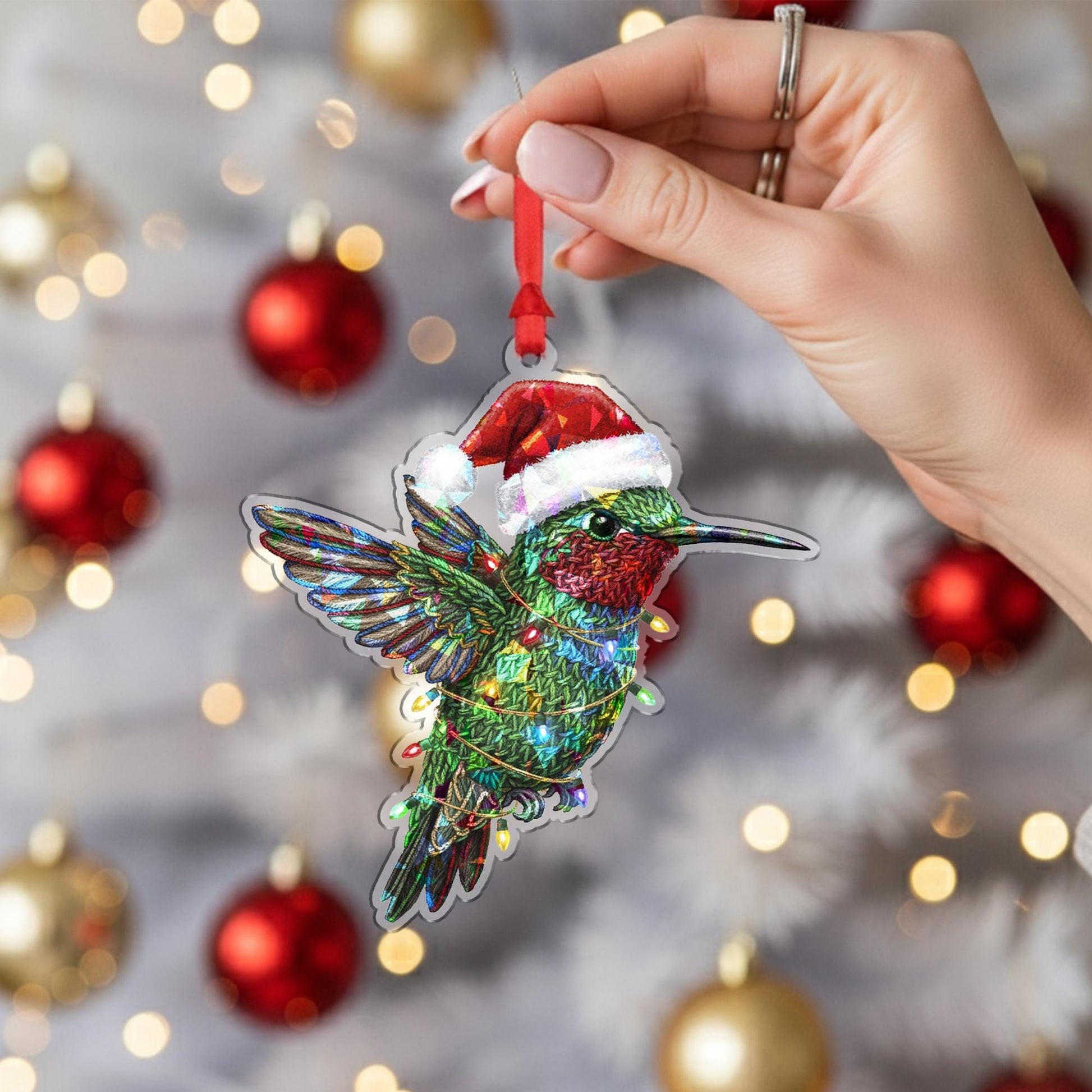 Holographic Hummingbird Ornament – Acrylic Bird Decoration with Santa Hat and Light Detail image 1
