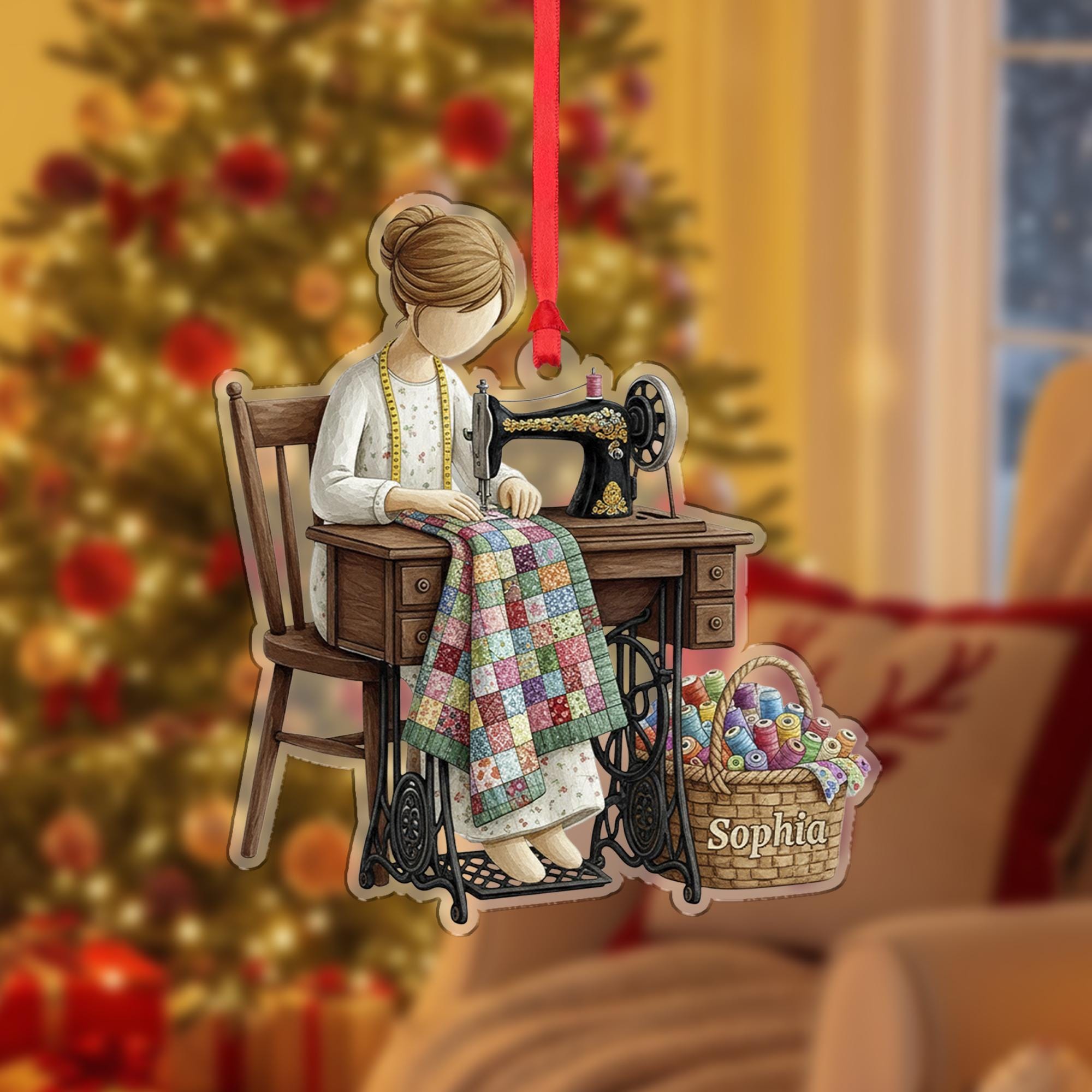 Personalized Sewing Ornament – Quilter Design with Vintage Machine and Custom Name Basket image 1