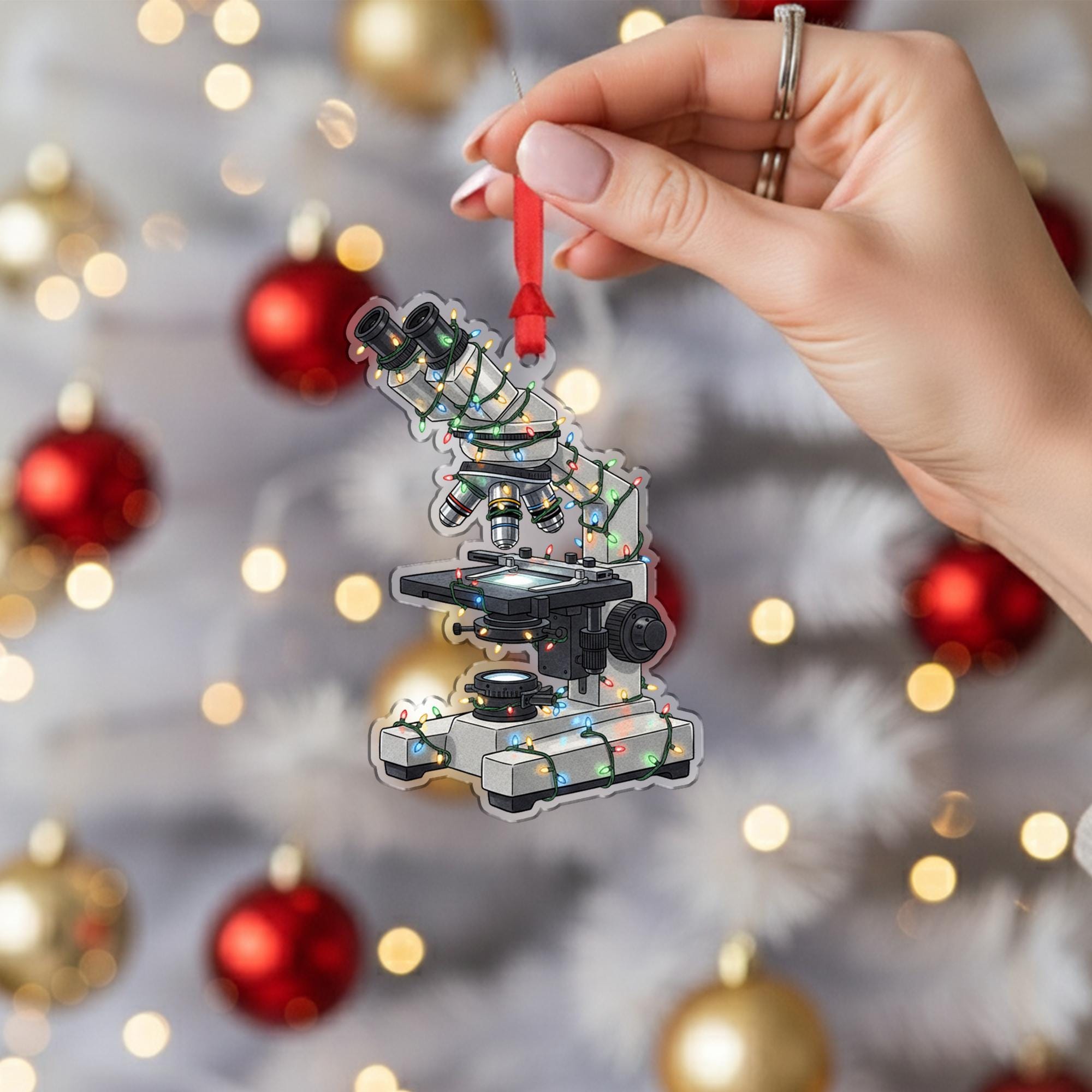 Acrylic Microscope Ornament – Science Lab Design with Holiday Lights image 1