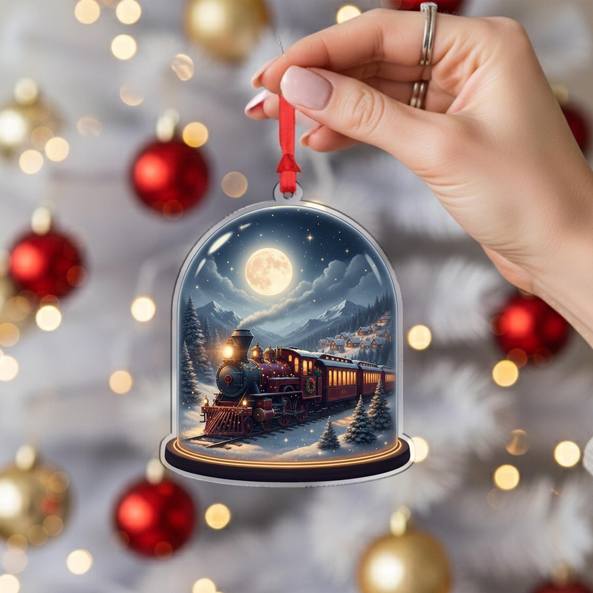 Acrylic Train Ornament – Christmas Locomotive Design Under Dome with Moonlight Scene image 3