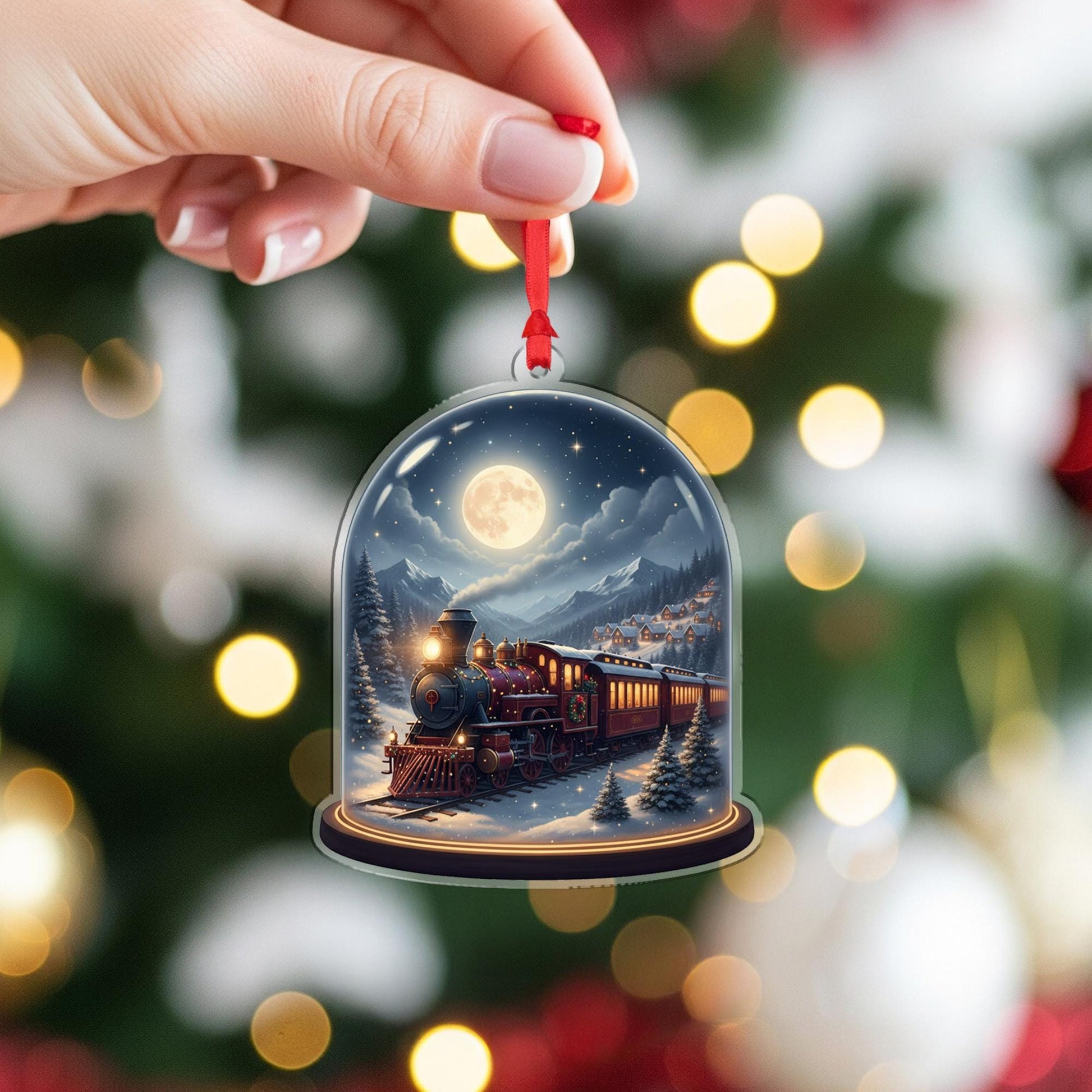 Acrylic Train Ornament – Christmas Locomotive Design Under Dome with Moonlight Scene image 4