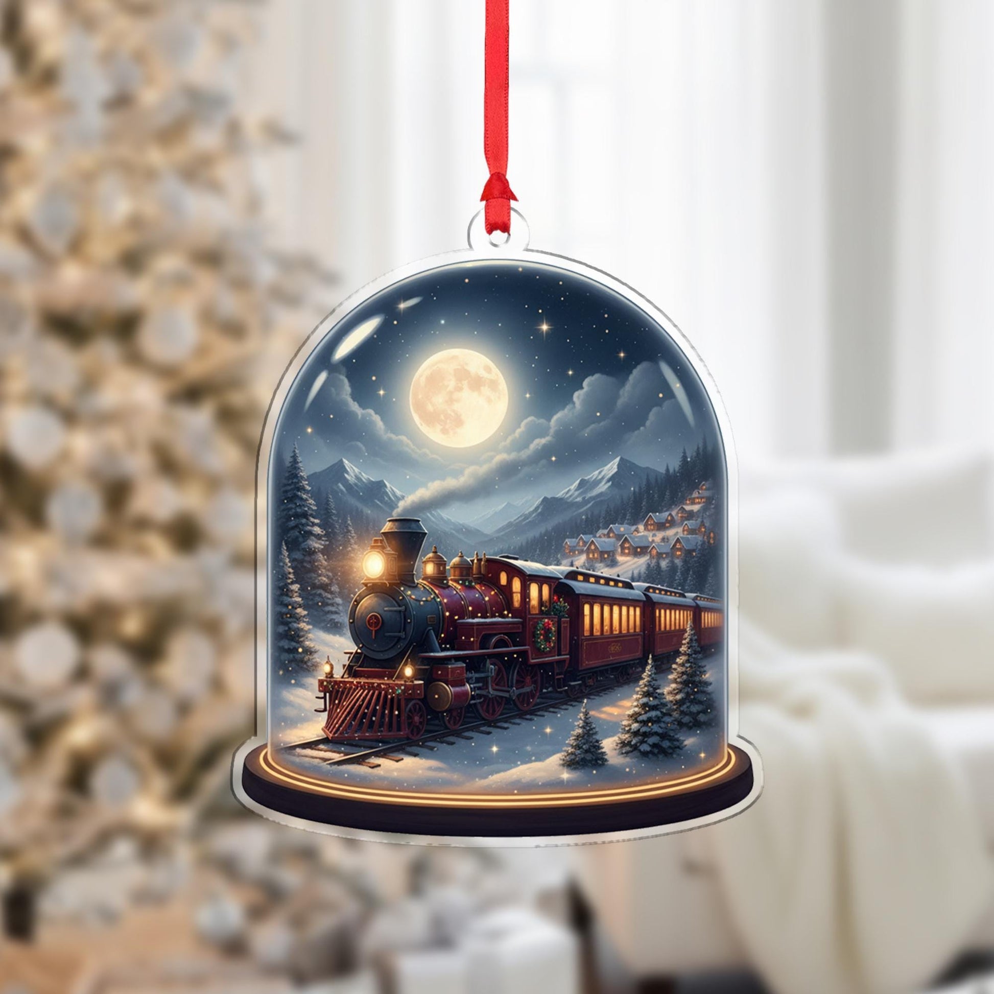 Acrylic Train Ornament – Christmas Locomotive Design Under Dome with Moonlight Scene image 7